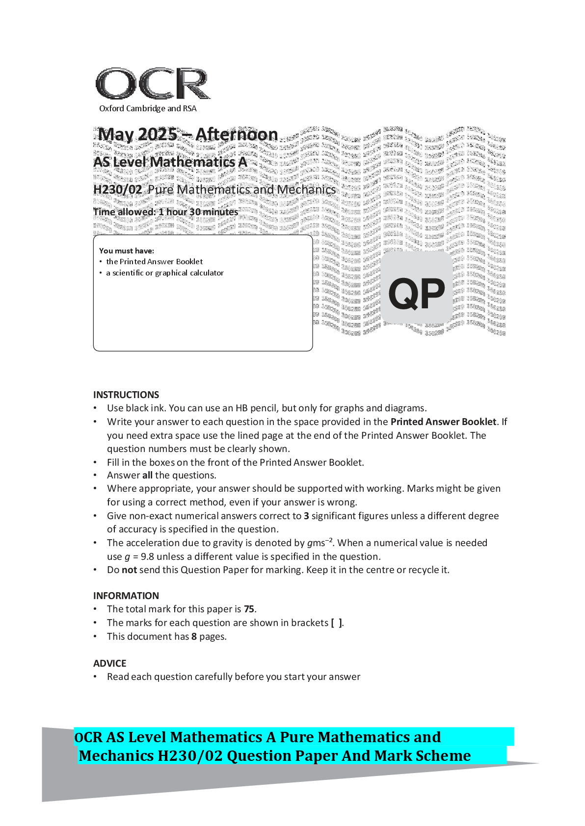 Preview of OCR AS Level Mathematics A Pure Mathematics and Mechanics H230/02 Question Paper And Mark