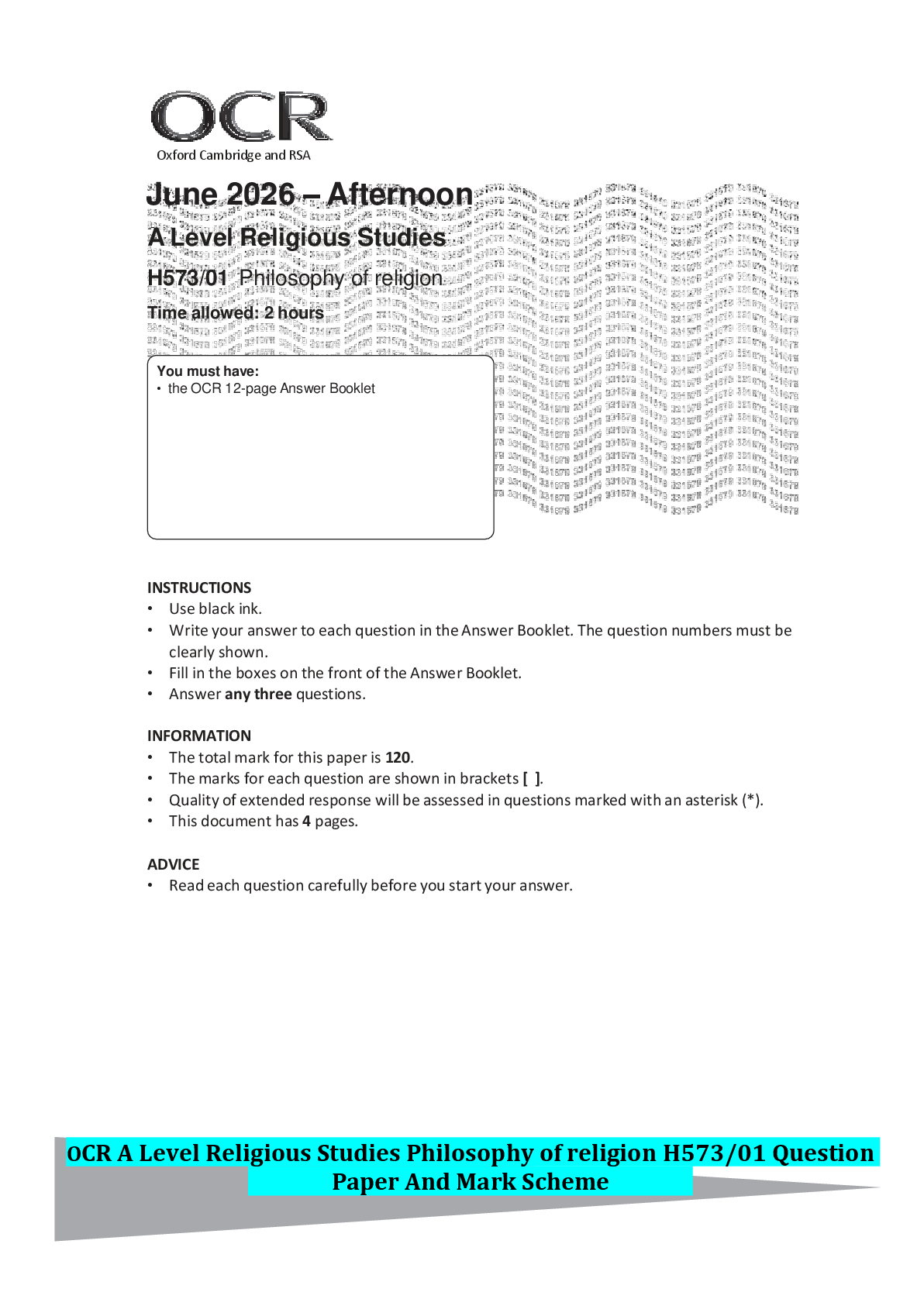 Recommended document preview for OCR A Level Religious Studies Philosophy of religion H573/01 Question Paper And Mark Scheme