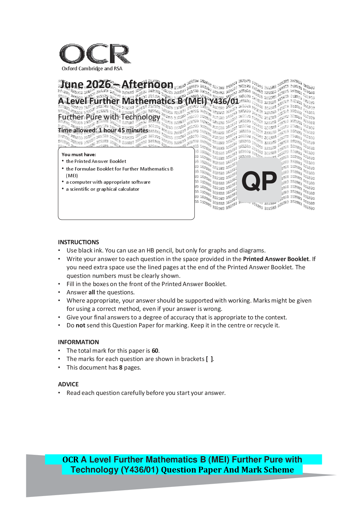 Recommended document preview for OCR A Level Further Mathematics B (MEI) Further Pure with Technology (Y436/01) Question Paper And Mark Scheme