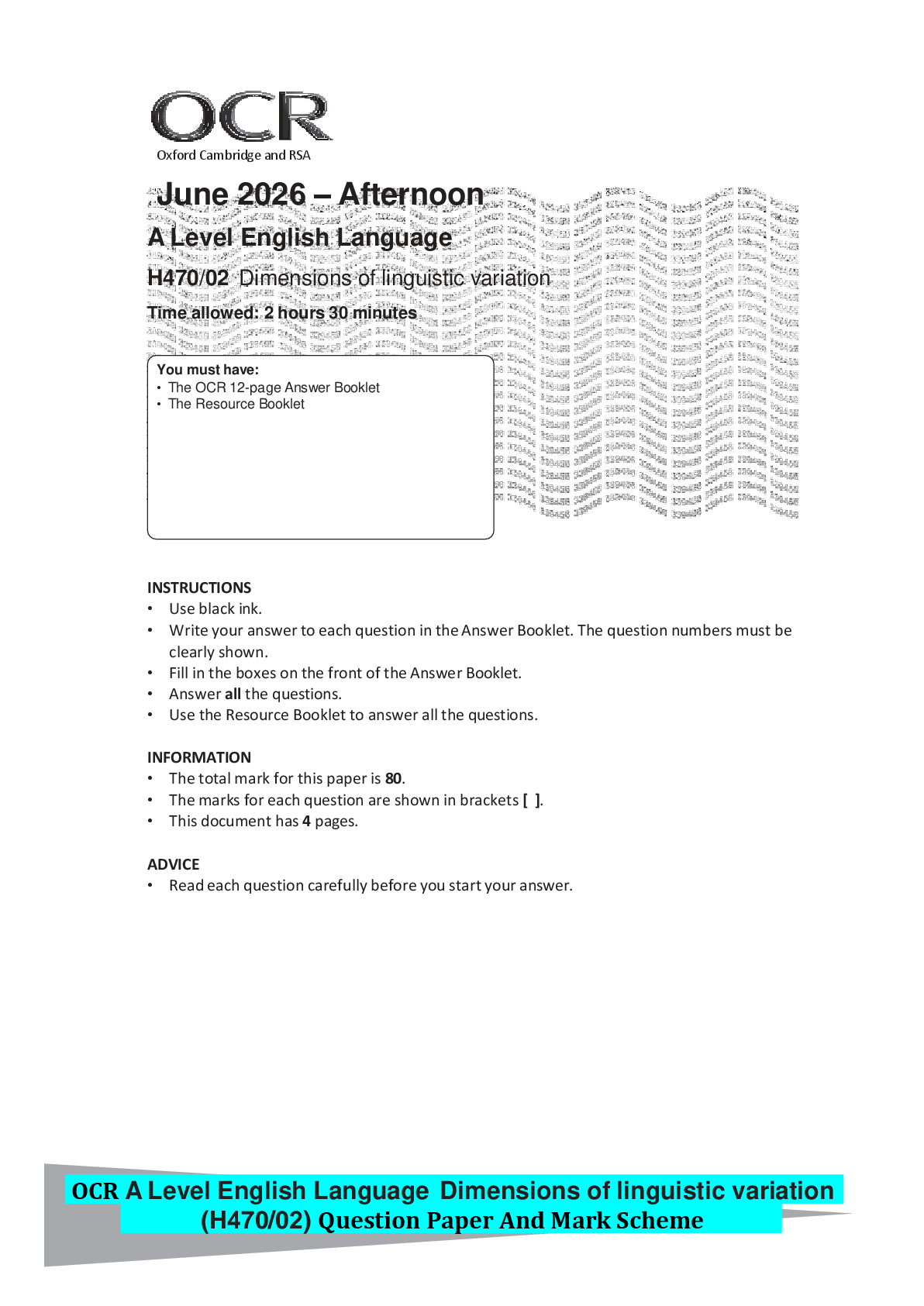 Preview of OCR A Level English Language Dimensions of linguistic variation (H470/02) Question Paper A