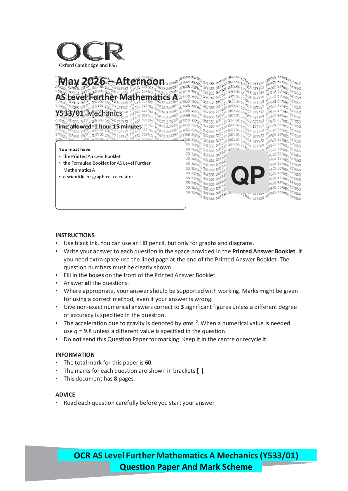 Recommended document preview for OCR AS Level Further Mathematics A Mechanics(Y533/01) Question Paper And Mark Scheme