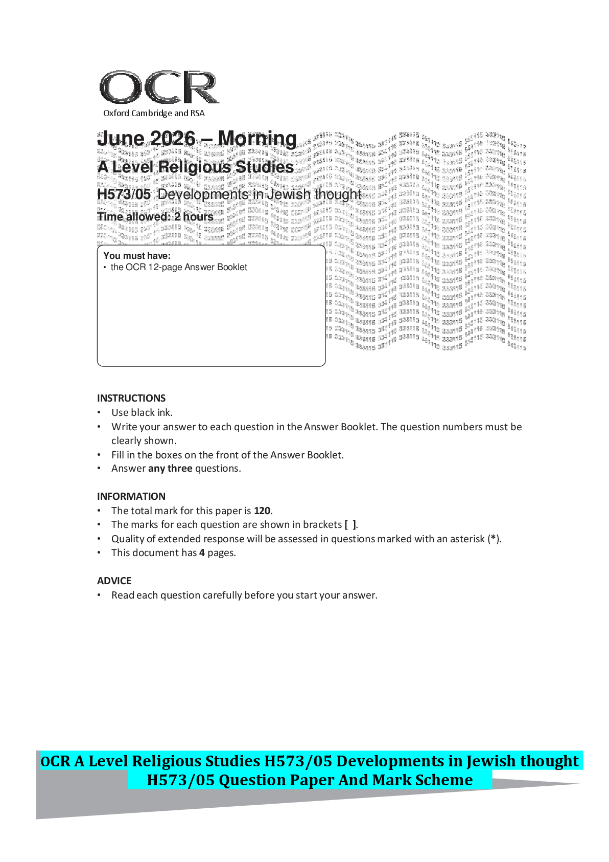 Recommended document preview for OCR A Level Religious Studies H573/05 Developments in Jewish thought H573/05 Question Paper And Mark Scheme