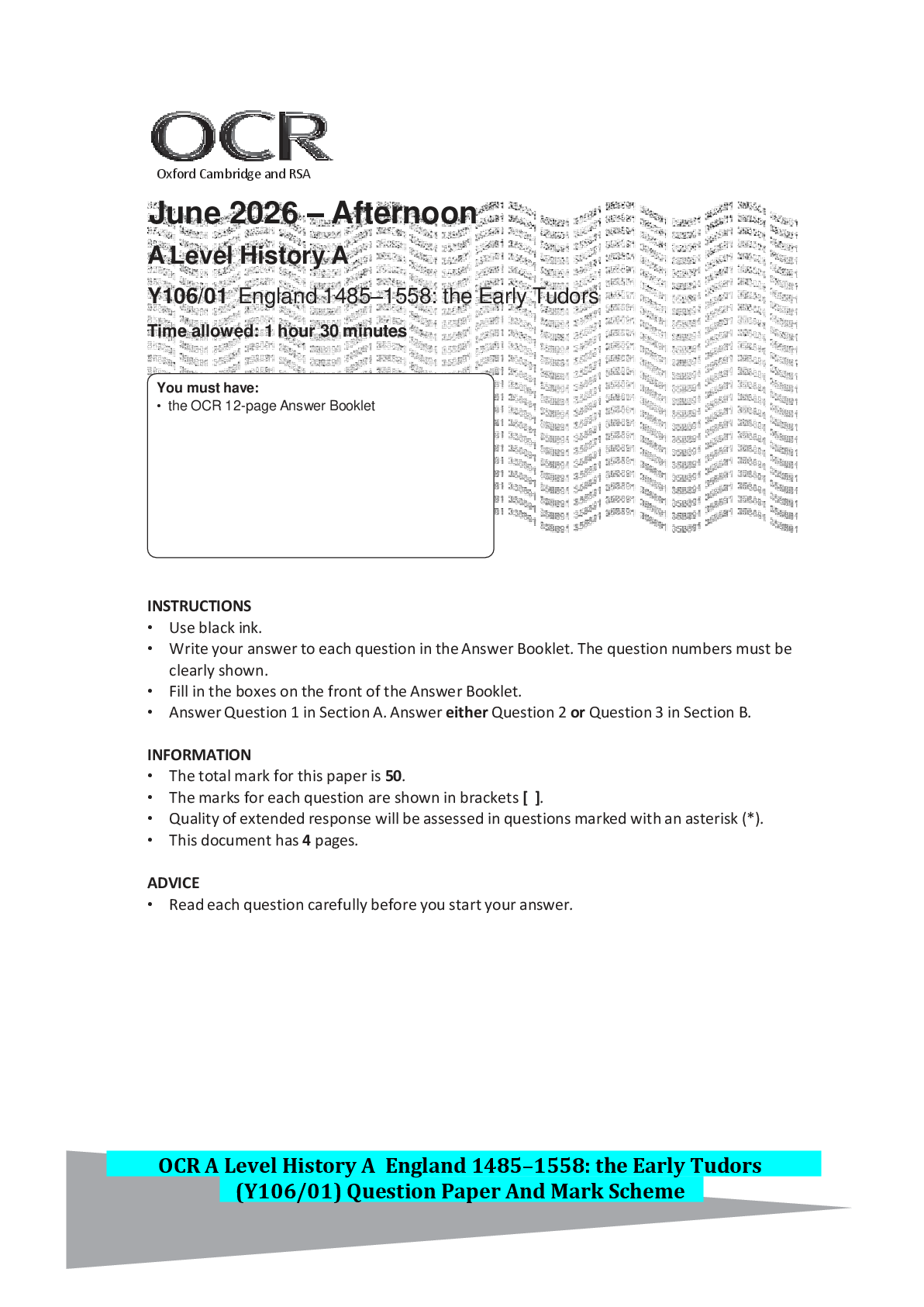 Recommended document preview for OCR A Level History A England 1485–1558: the Early Tudors (Y106/01) Question Paper And Mark Scheme