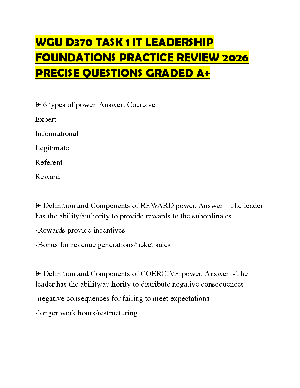 Preview of WGU D370 TASK 1 IT LEADERSHIP FOUNDATIONS PRACTICE REVIEW 2026 PRECISE QUESTIONS GRADED A+