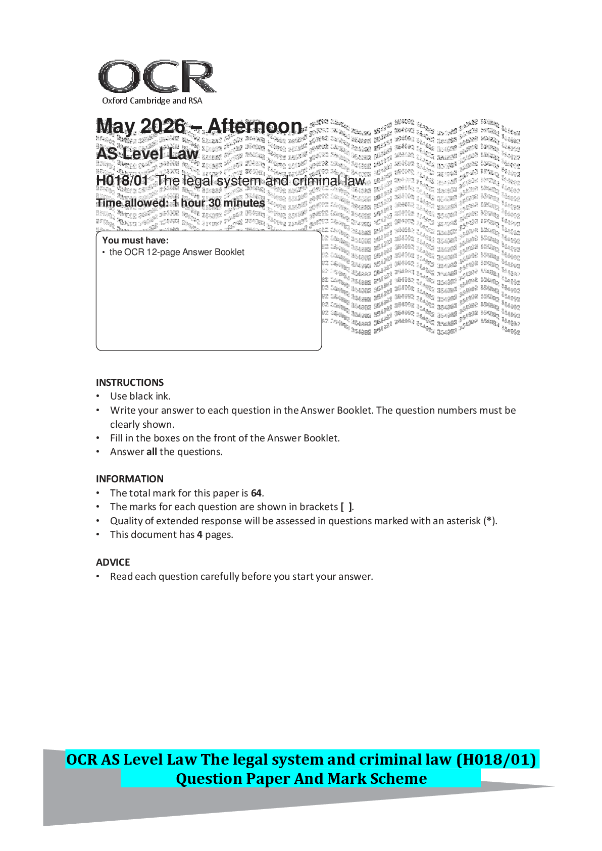 Recommended document preview for OCR AS Level Law The legal system and criminal law (H018/01) Question Paper And Mark Scheme