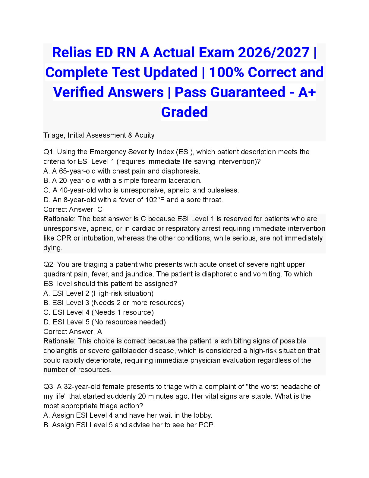 Recommended document preview for Relias ED RN A Actual Exam 2026/2027 | Complete Test Updated | 100% Correct and Verified Answers | Pass Guaranteed - A+ Graded