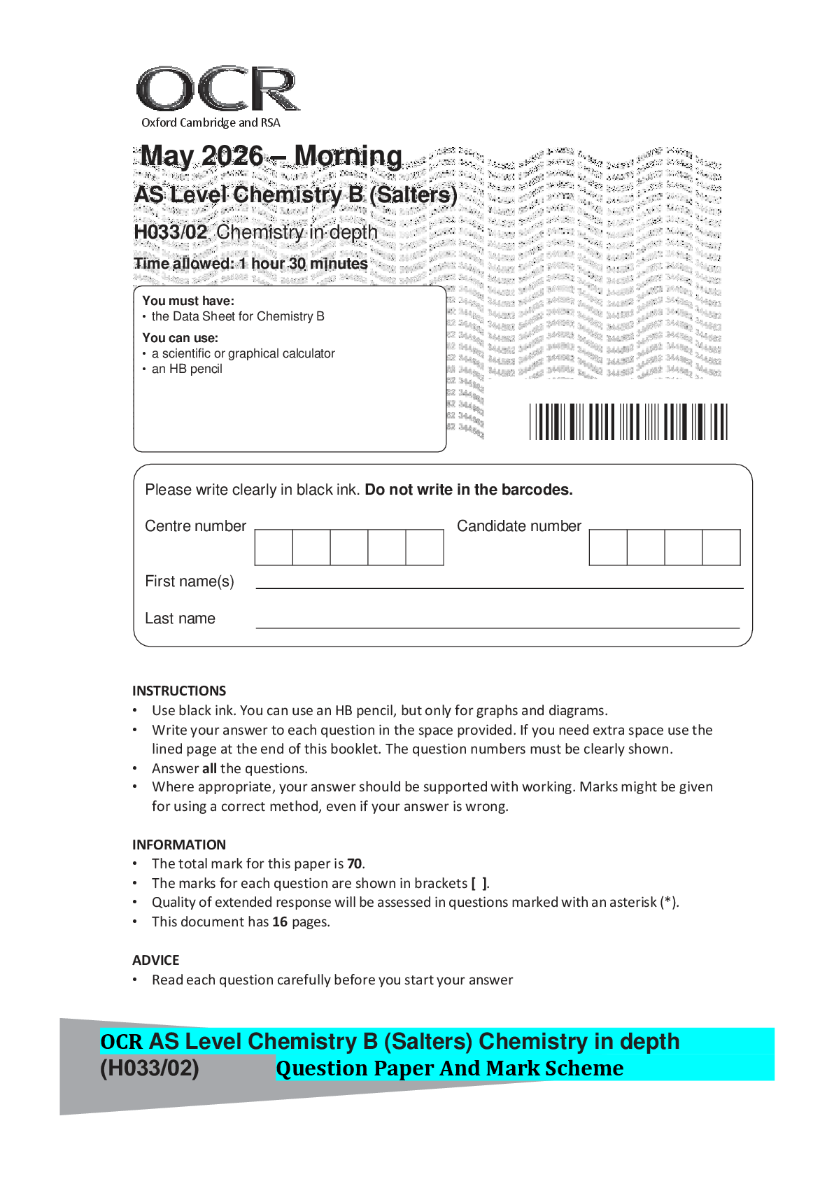 Recommended document preview for OCR AS Level Chemistry B (Salters) Chemistry in depth (H033/02) Question Paper And Mark Scheme