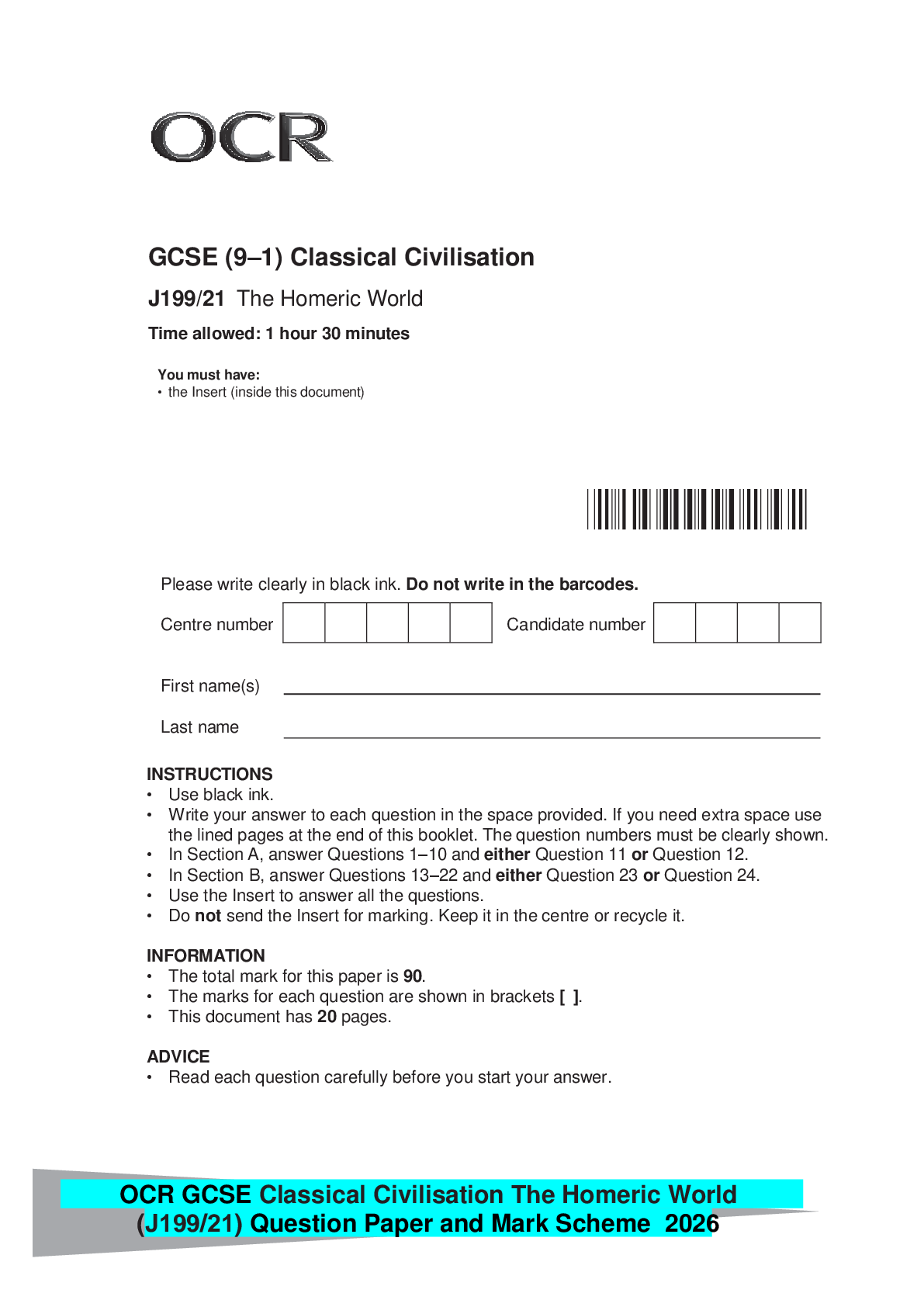 Recommended document preview for OCR GCSE Classical Civilisation The Homeric World (J199/21) Question Paper and Mark Scheme 2026