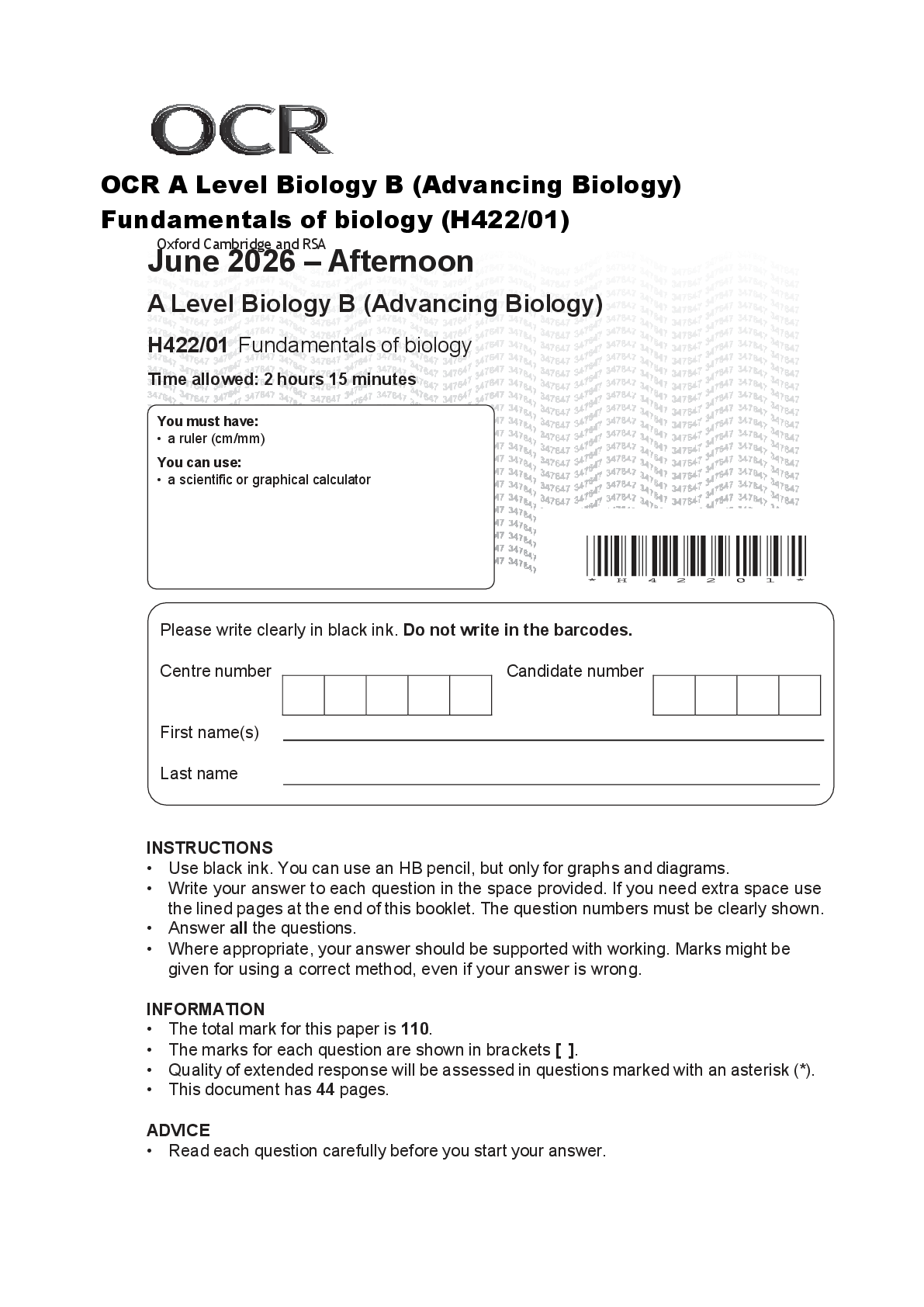 Preview of OCR A Level Biology B (Advancing Biology) Fundamentals of biology (H422/01