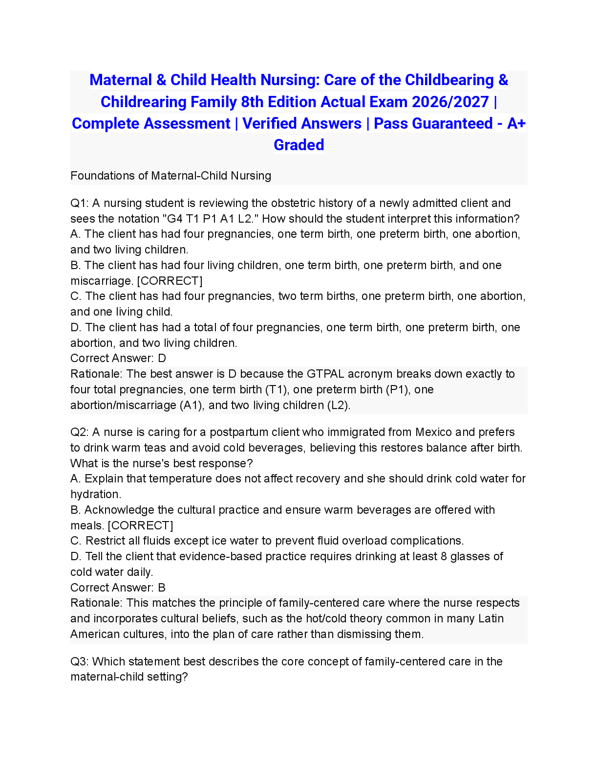 Recommended document preview for Maternal & Child Health Nursing: Care of the Childbearing & Childrearing Family 8th Edition Actual Exam 2026/2027 | Complete Assessment | Verified Answers | Pass Guaranteed - A+ Graded