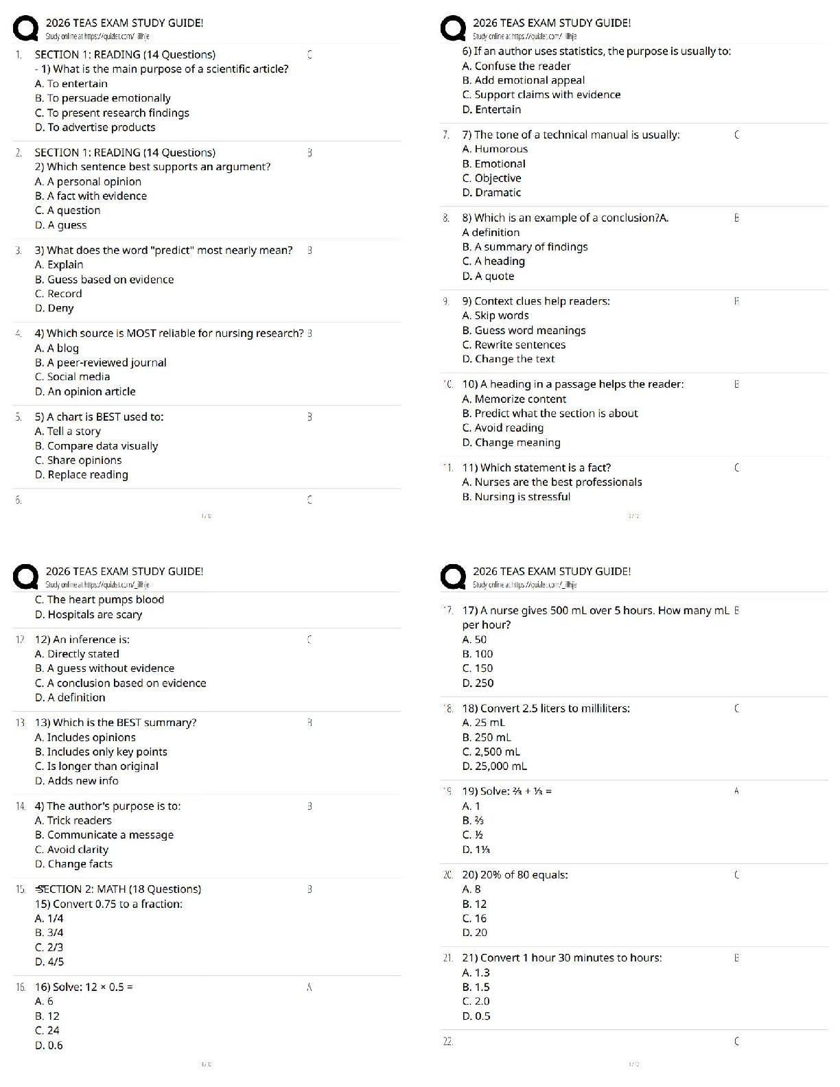 Recommended document preview for 2026 TEAS Exam Study Guide | Score 100% Latest Version Complete Prep / Test Bank / Practice Questions