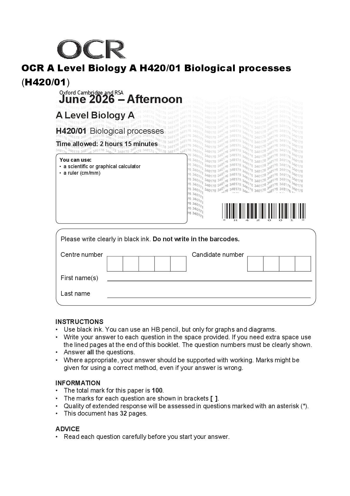 Recommended document preview for OCR A Level Biology A H420/01 Biological processes (H420/01)