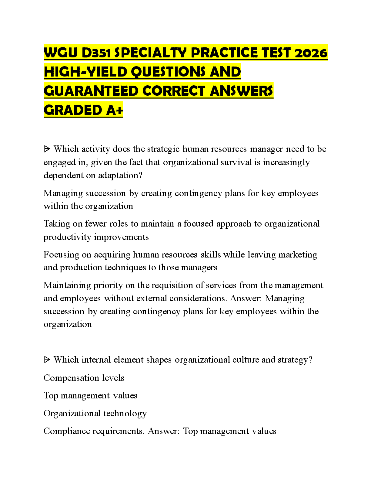 Preview of WGU D351 SPECIALTY PRACTICE TEST 2026 HIGH-YIELD QUESTIONS AND GUARANTEED CORRECT ANSWERS GRADED A+