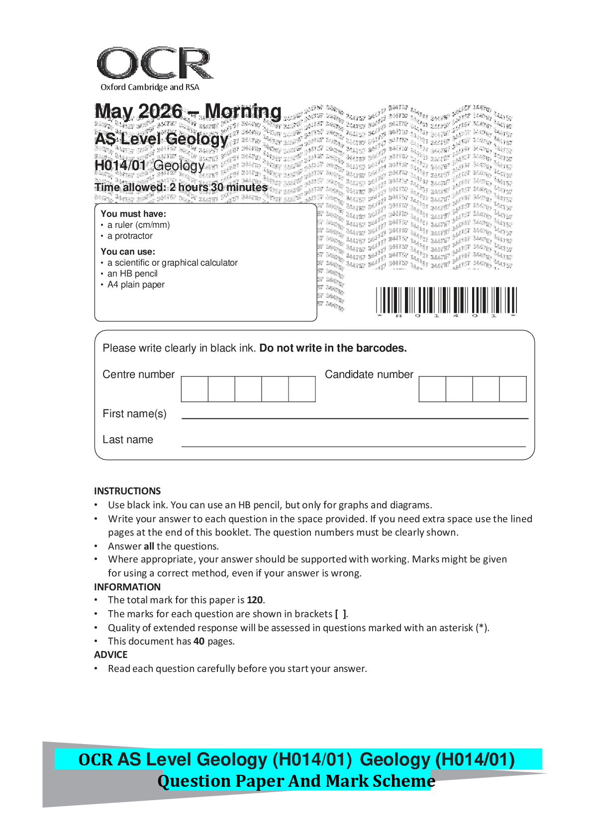 Recommended document preview for OCR AS Level Geology (H014/01) Geology (H014/01) Question Paper And Mark Scheme