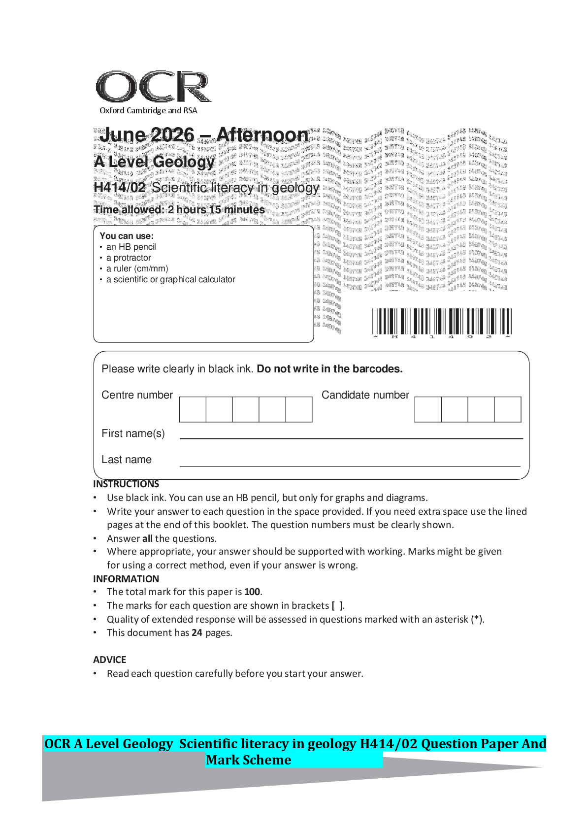 Recommended document preview for OCR A Level Geology Scientific literacy in geology H414/02 Question Paper And Mark Scheme