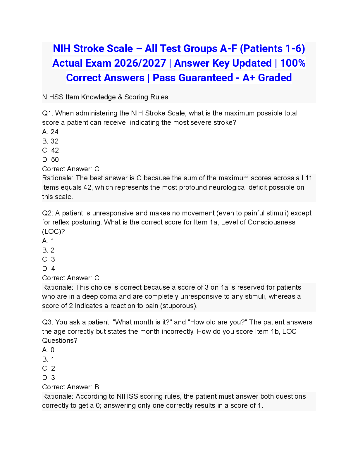 Preview of NIH Stroke Scale – All Test Groups A-F (Patients 1-6) Actual Exam 2026/2027 | Answer Key Updated | 100% Correct Answers | Pass Guaranteed - A+ Graded