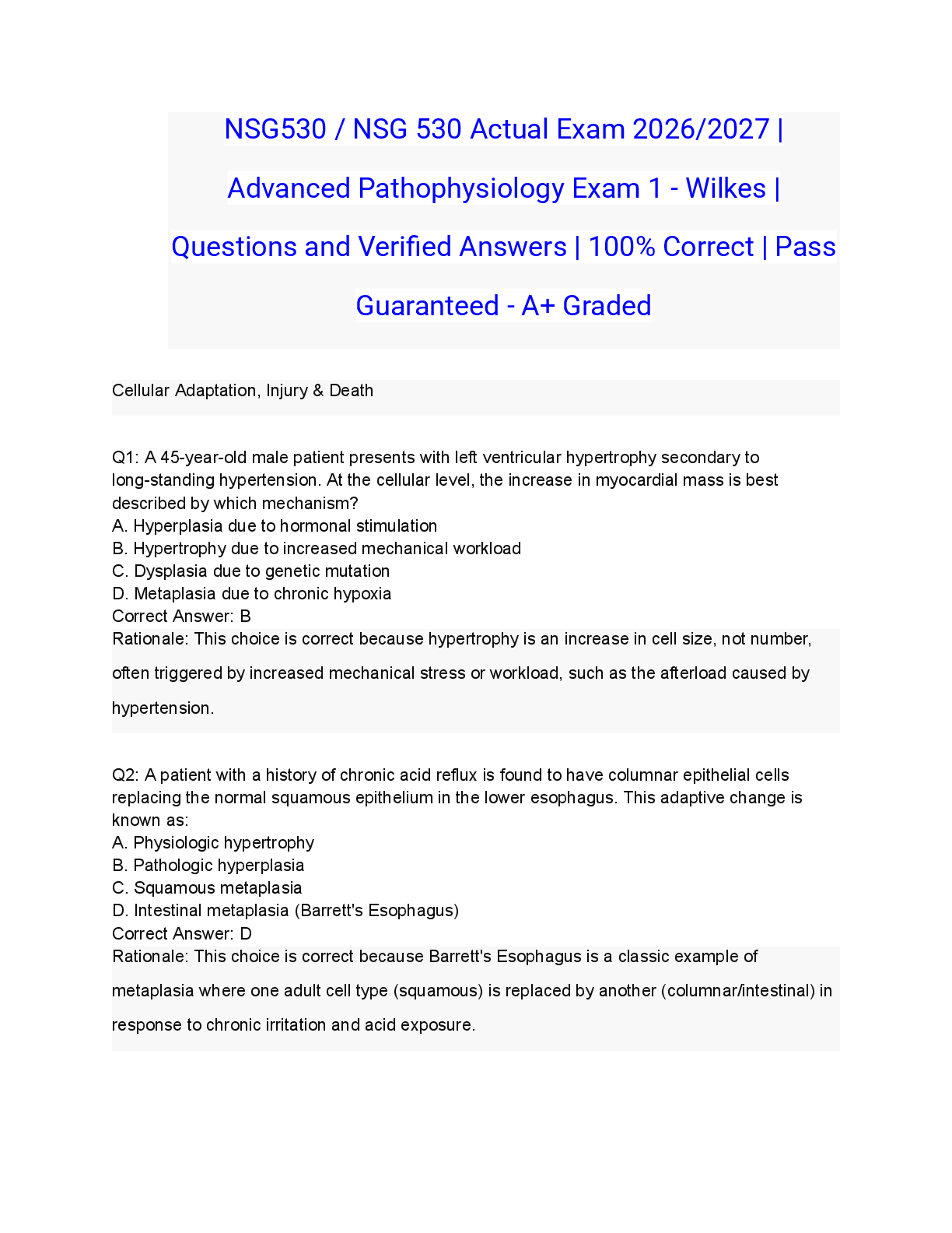 Recommended document preview for NSG530 / NSG 530 Actual Exam 2026/2027 | Advanced Pathophysiology Exam 1 - Wilkes | Questions and Verified Answers | 100% Correct | Pass Guaranteed - A+ Graded