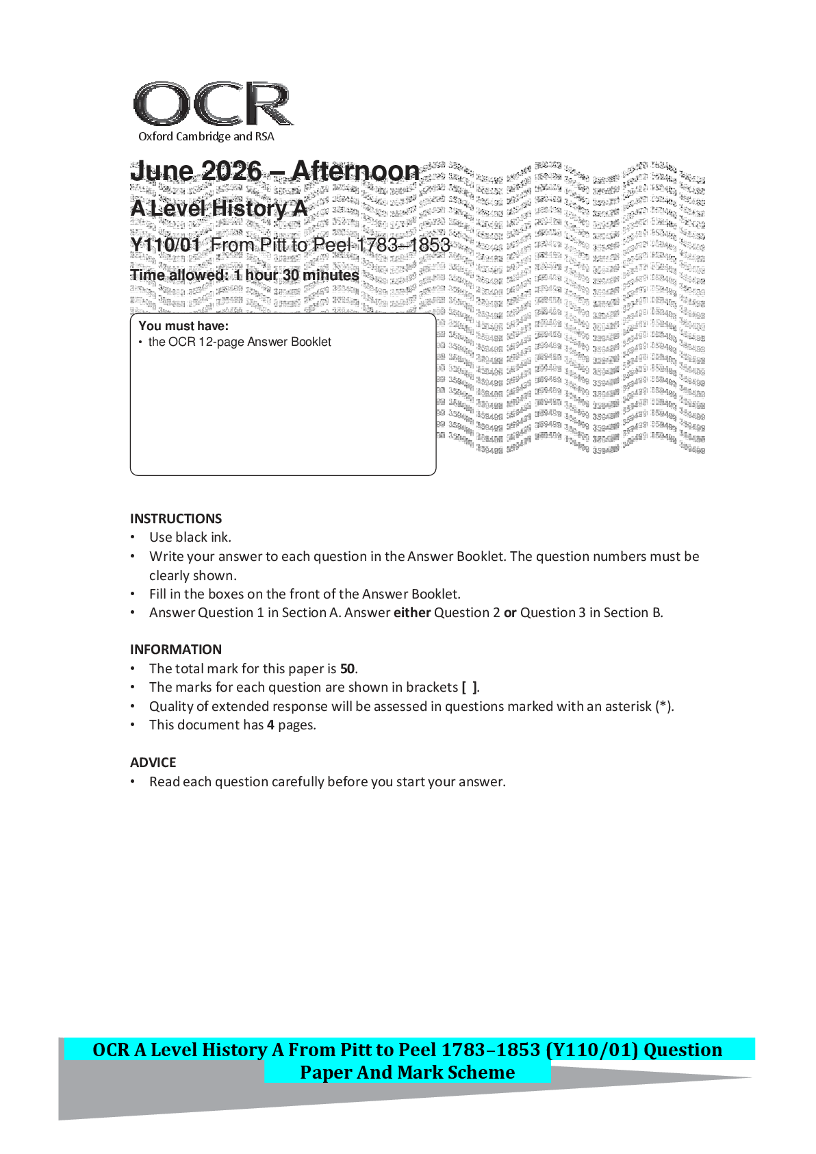 Preview of OCR A Level History A From Pitt to Peel 1783–1853 (Y110/01) Question Paper And Mark Scheme