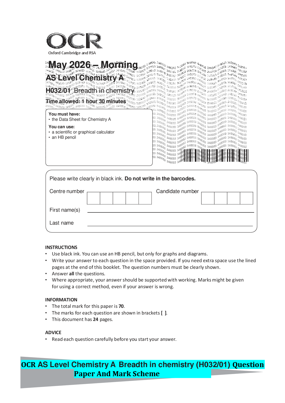 Recommended document preview for OCR AS Level Chemistry A Breadth in chemistry (H032/01) Question Paper And Mark Scheme