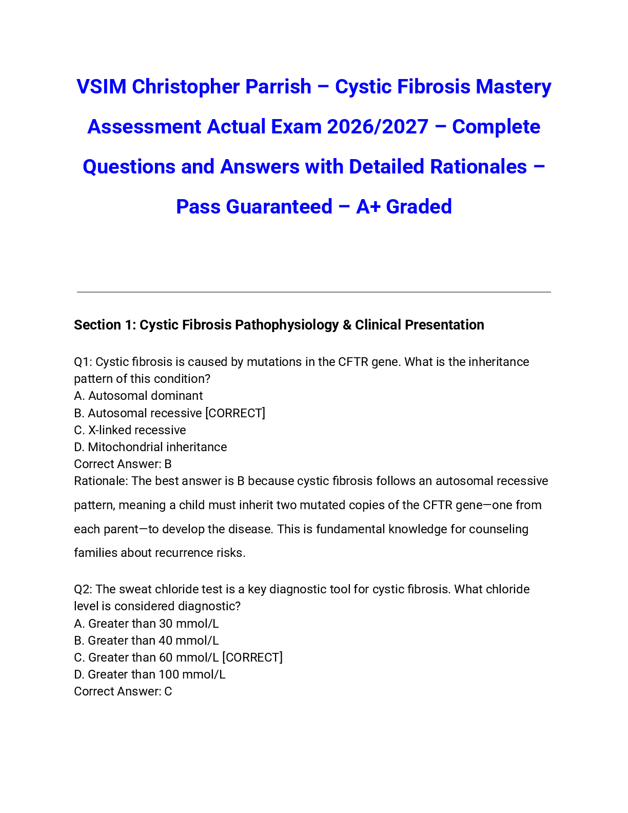 Recommended document preview for VSIM Christopher Parrish – Cystic Fibrosis Mastery Assessment Actual Exam 2026/2027 – Complete Questions and Answers with Detailed Rationales – Pass Guaranteed – A+ Graded