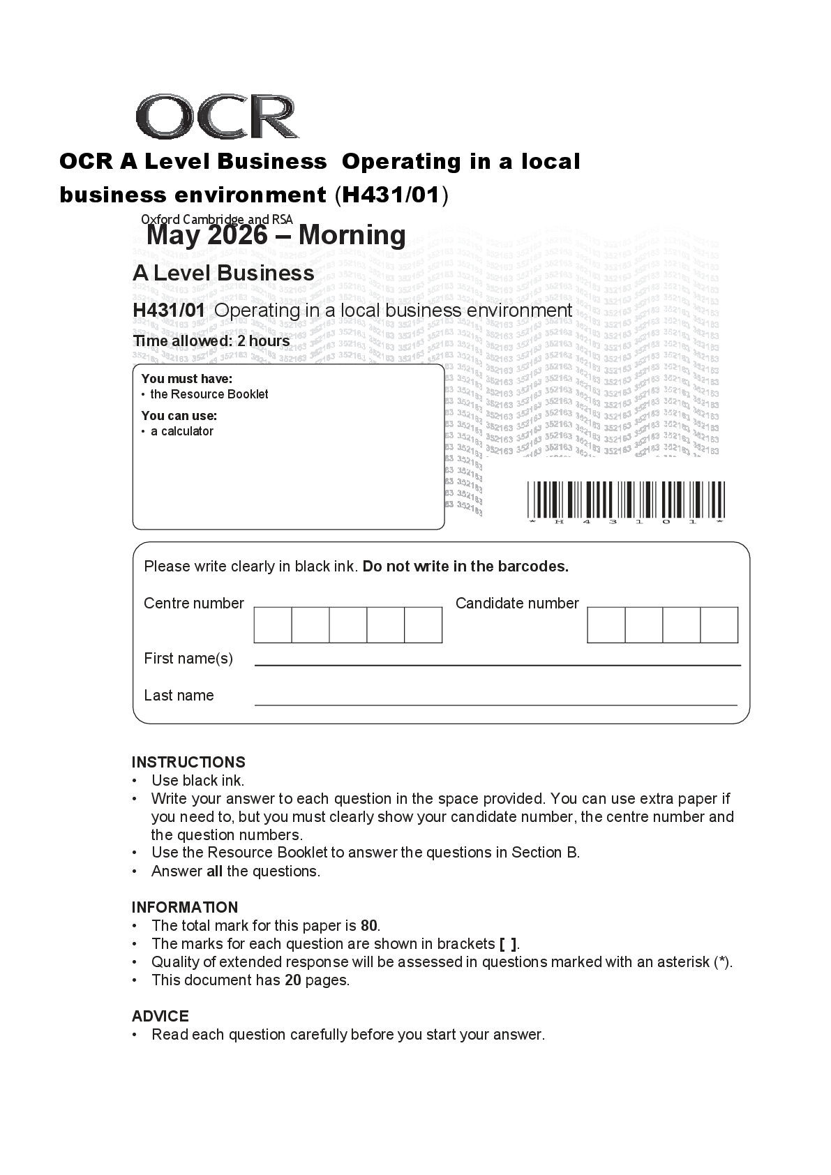 Recommended document preview for OCR A Level Business Operating in a local business environment (H431/01