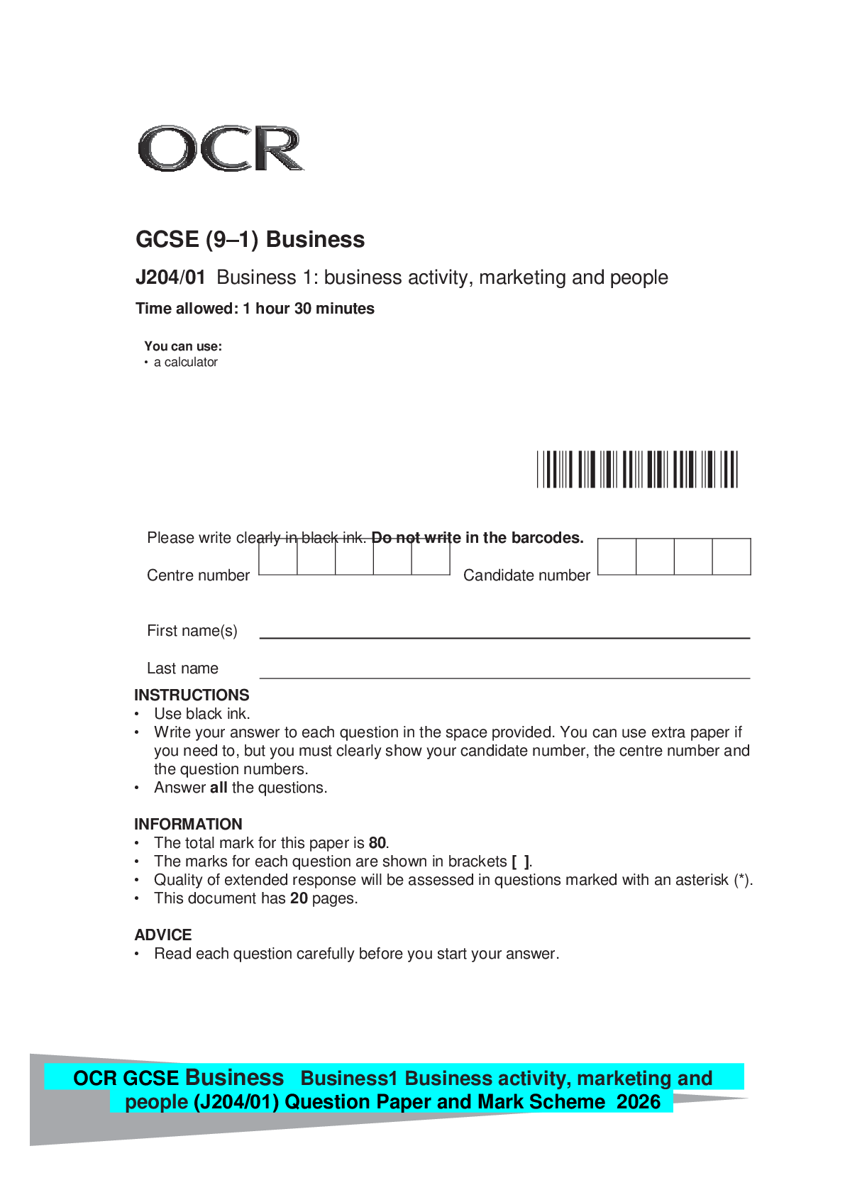 Recommended document preview for OCR GCSE Business Business1 Business activity, marketing and people (J204/01) Question Paper and Mark Scheme 2026