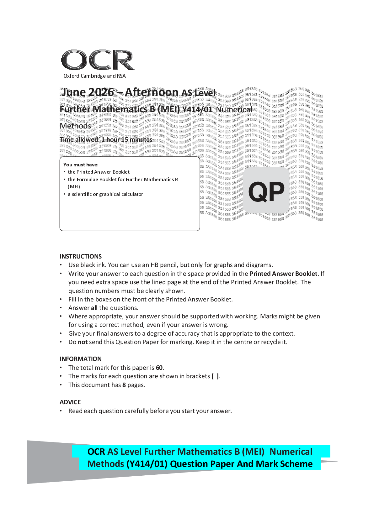 Preview of OCR AS Level Further Mathematics B (MEI) Numerical Methods (Y414/01) Question Paper And Ma