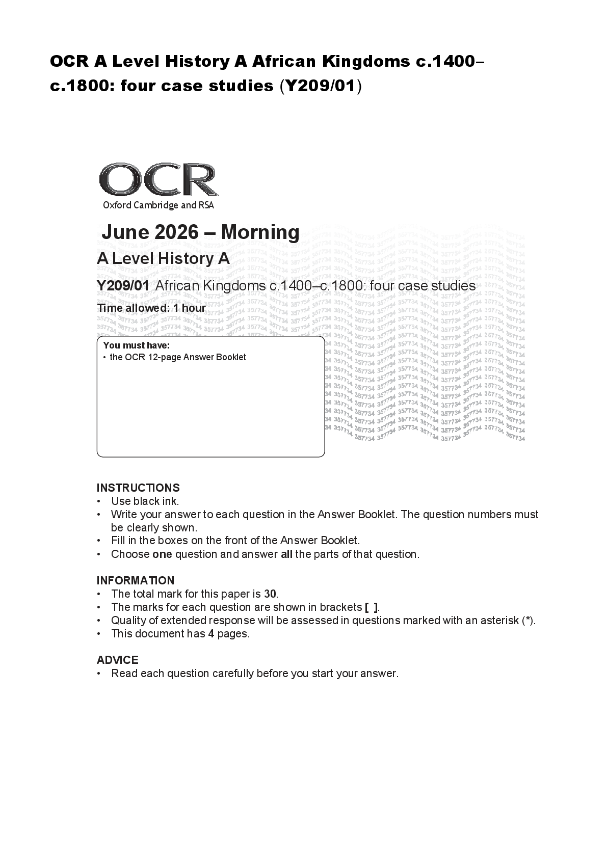 Preview image for OCR A Level History A African Kingdoms c.1400– c.1800: four case studies (Y209/01)
