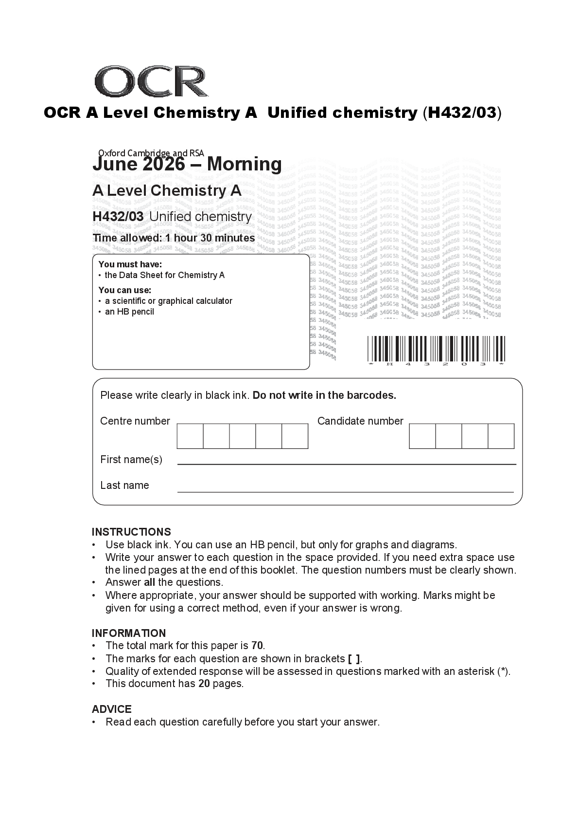Preview of OCR A Level Unified Chemistry A  (H432/03) June 2026