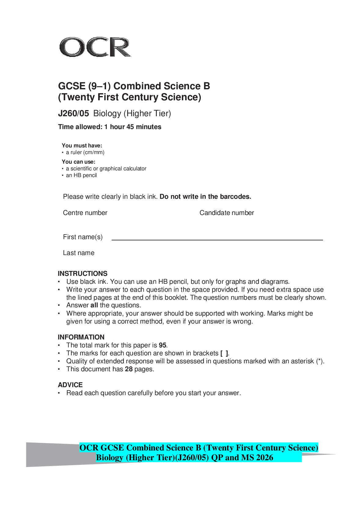 Recommended document preview for OCR GCSE Combined Science B (Twenty First Century Science) Biology (Higher Tier)(J260/05) QP and MS 2026