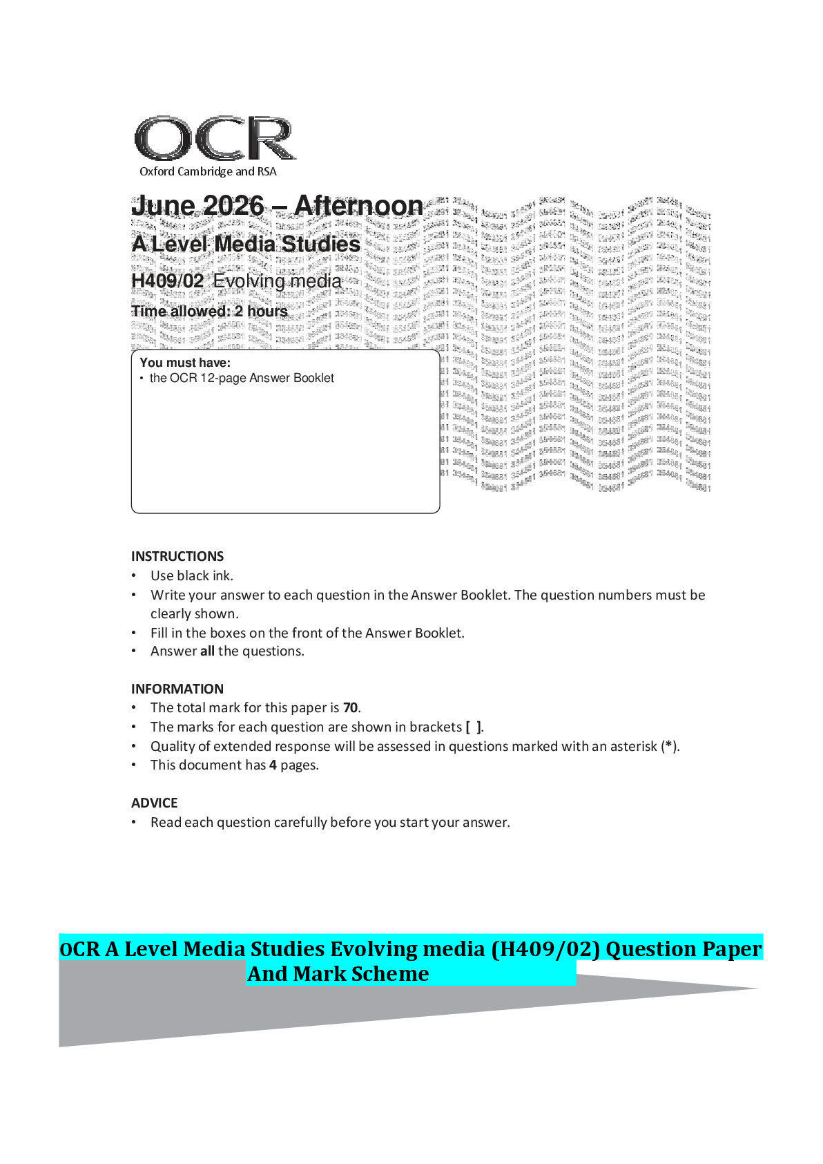 Recommended document preview for OCR A Level Media Studies Evolving media (H409/02) Question Paper And Mark Scheme