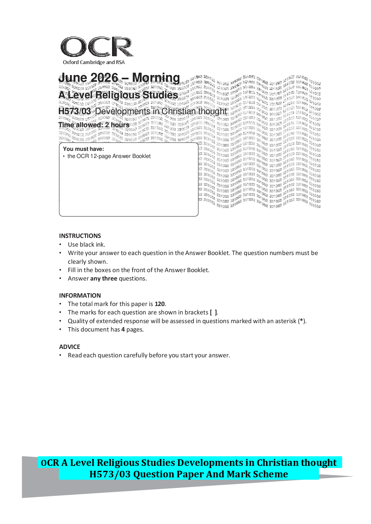 Recommended document preview for OCR A Level Religious Studies Developments in Christian thought H573/03 Question Paper And Mark Scheme