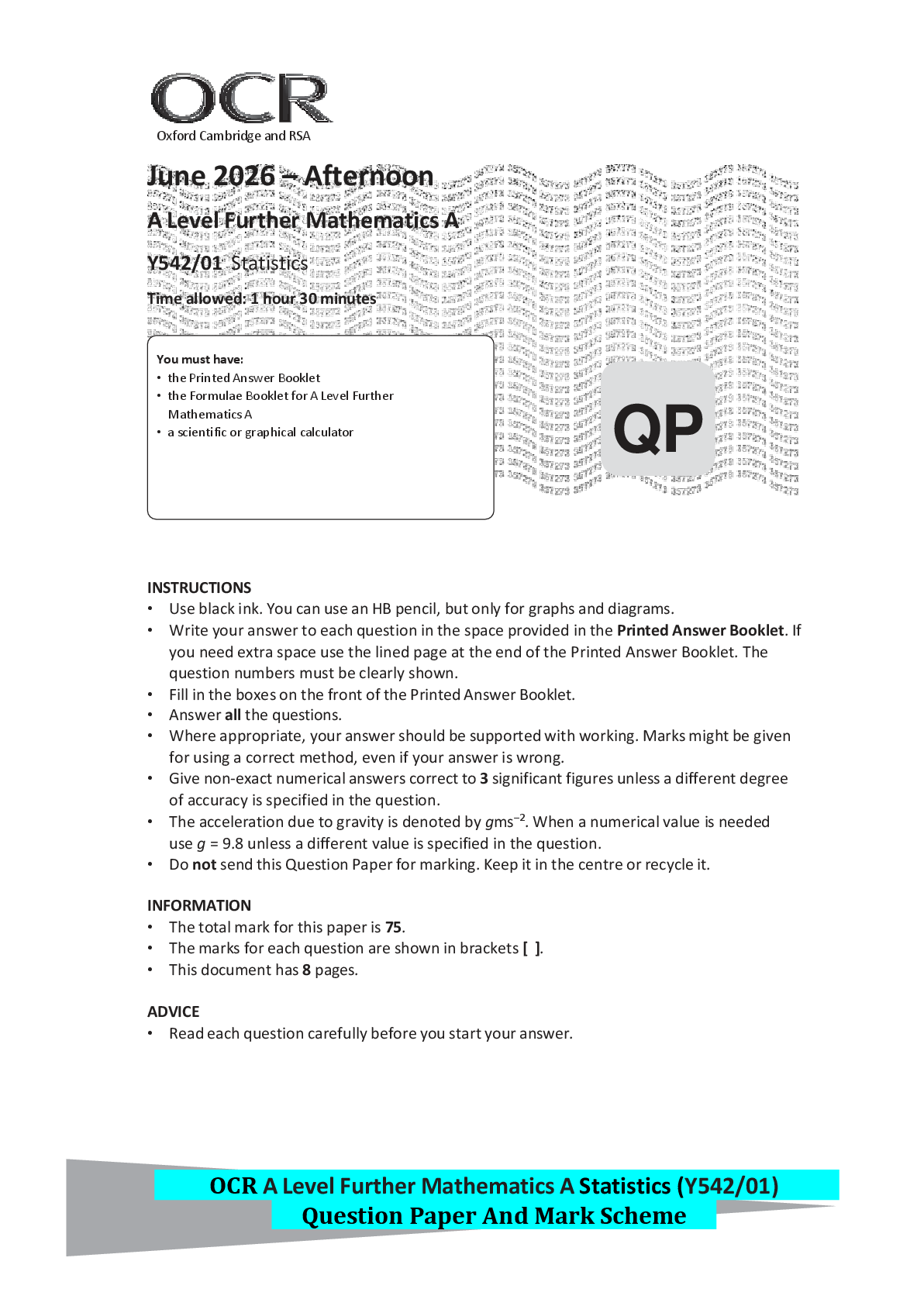 Recommended document preview for OCR A Level Further Mathematics A Statistics (Y542/01) Question Paper And Mark Scheme