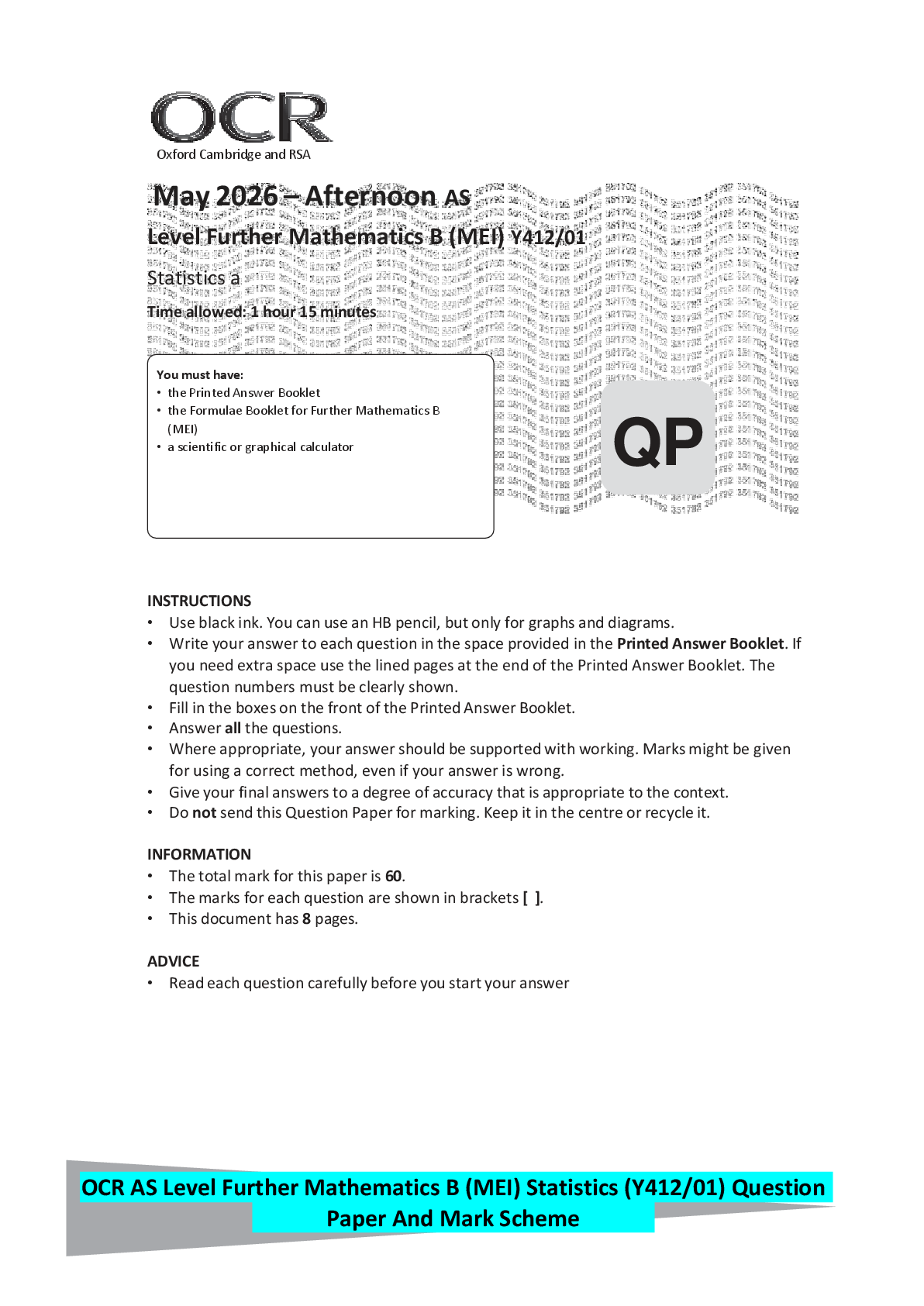 Preview of OCR AS Level Further Mathematics B (MEI) Statistics (Y412/01) Question Paper And Mark Sche