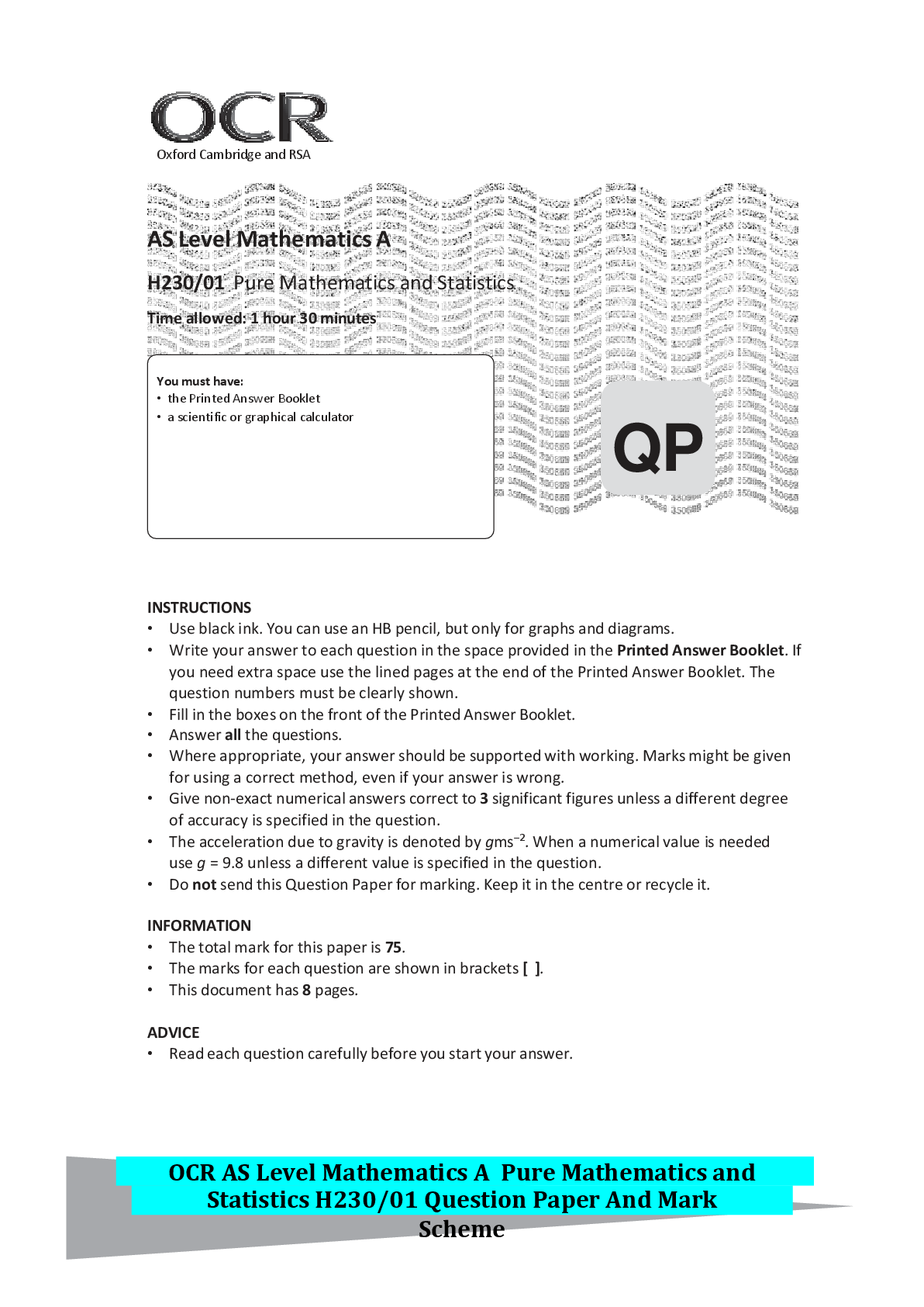 Recommended document preview for OCR AS Level Mathematics A Pure Mathematics and Statistics H230/01 Question Paper And Mark Scheme