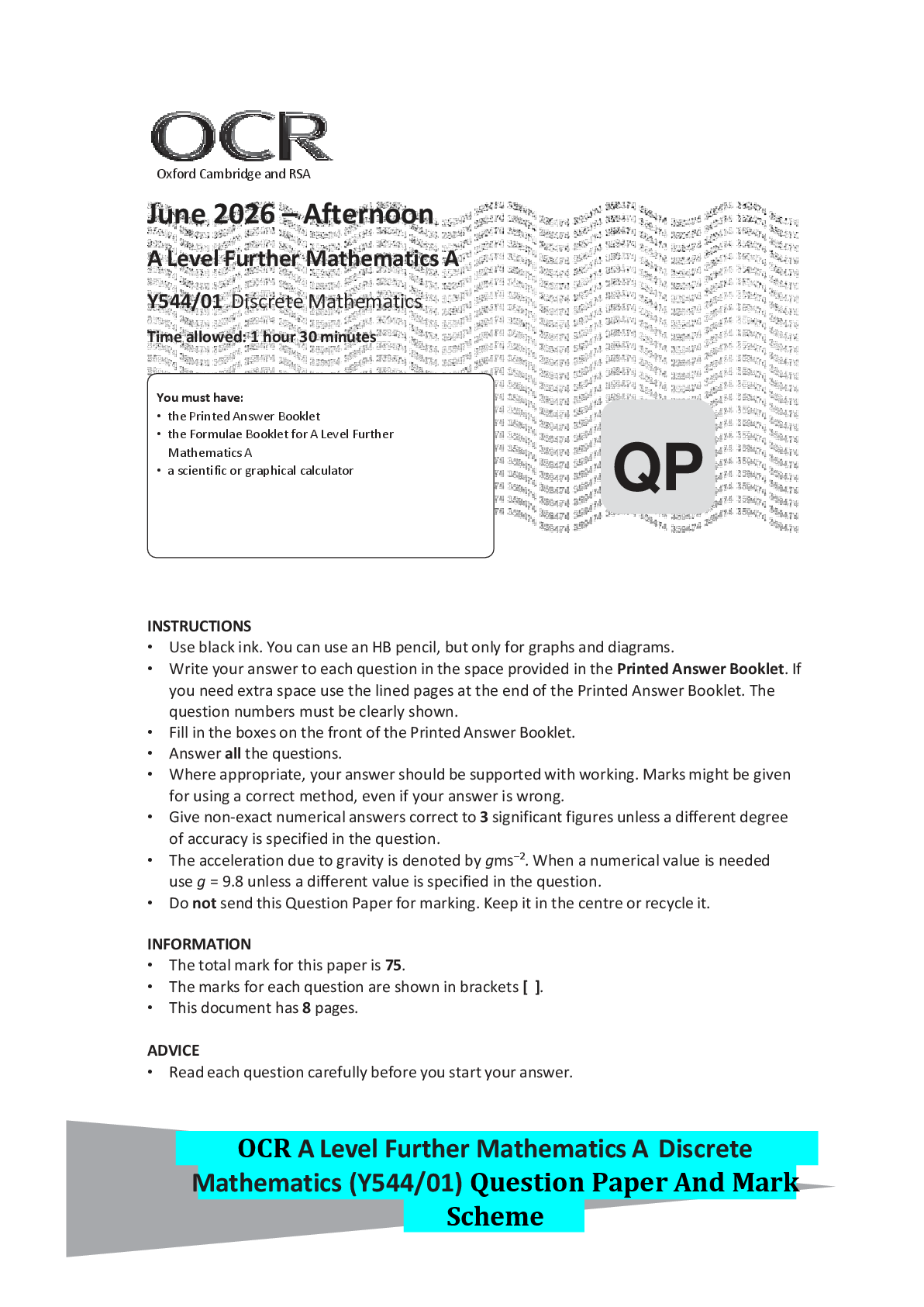 Recommended document preview for OCR A Level Further Mathematics A Discrete Mathematics (Y544/01) Question Paper And Mark Scheme