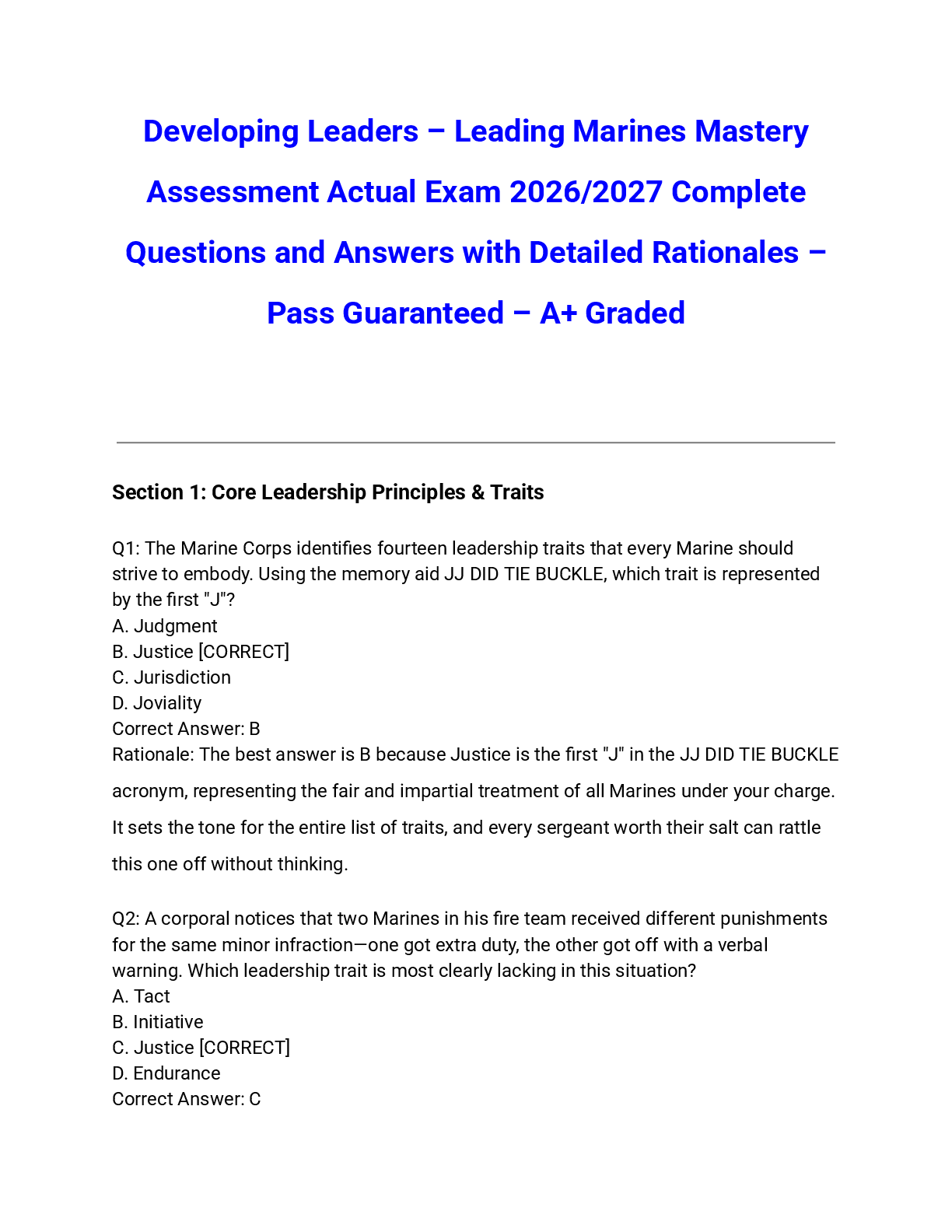 Recommended document preview for Developing Leaders – Leading Marines Mastery Assessment Actual Exam 2026/2027 Complete Questions and Answers with Detailed Rationales – Pass Guaranteed – A+ Graded