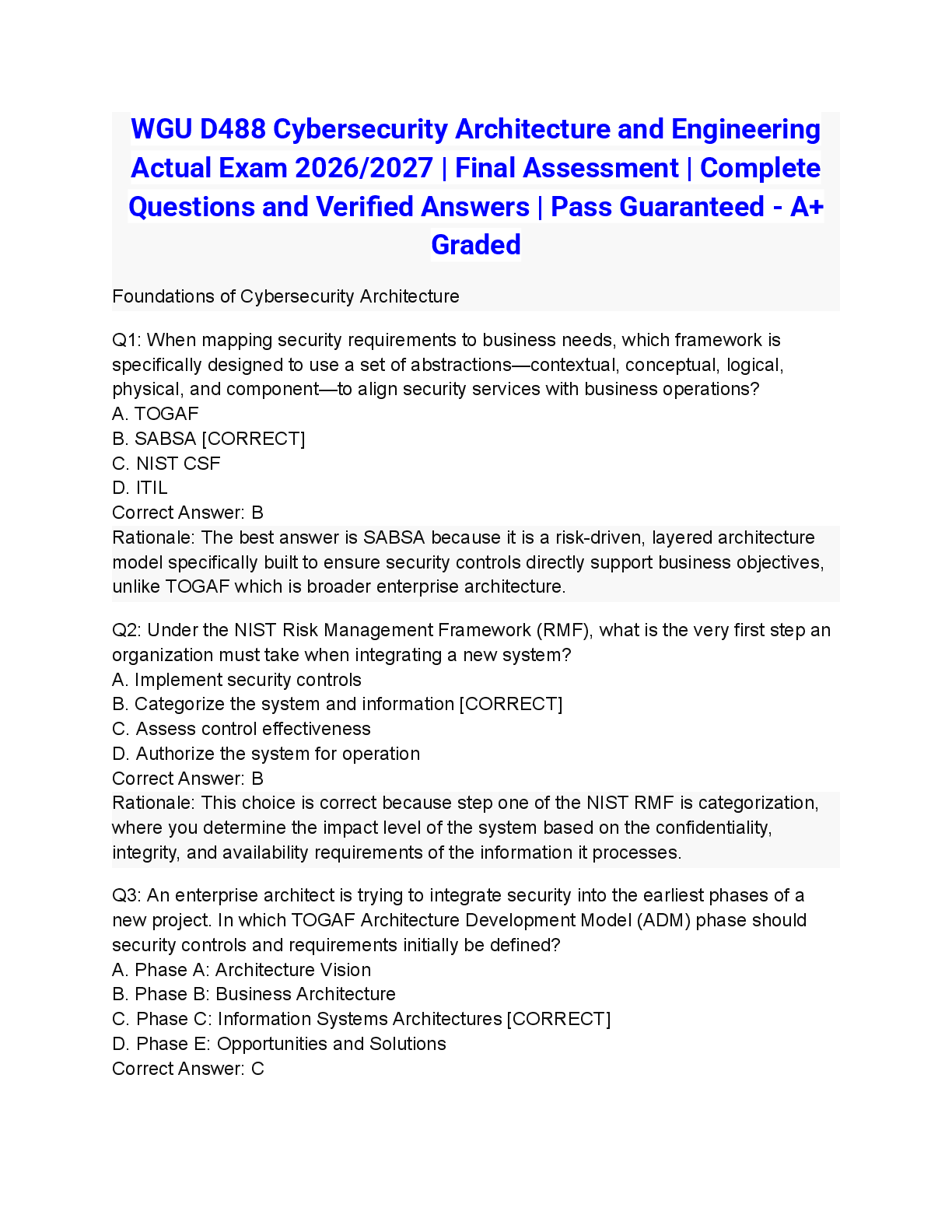 Preview image for WGU D488 Cybersecurity Architecture and Engineering Actual Exam 2026/2027 | Final Assessment | Complete Questions and Verified Answers | Pass Guaranteed - A+ Graded