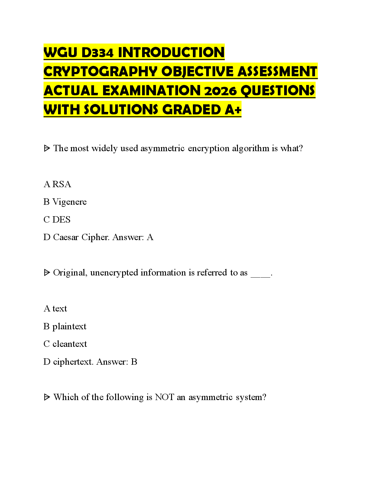 Preview of WGU D334 INTRO CRYPTOGRAPHY FINAL STUDY GUIDE 2026 QUESTIONS AND ANSWERS GRADED A+