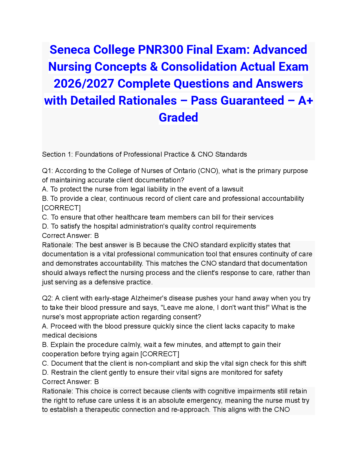 Recommended document preview for Seneca College PNR300 Final Exam: Advanced Nursing Concepts & Consolidation Actual Exam 2026/2027 Complete Questions and Answers with Detailed Rationales – Pass Guaranteed – A+ Graded
