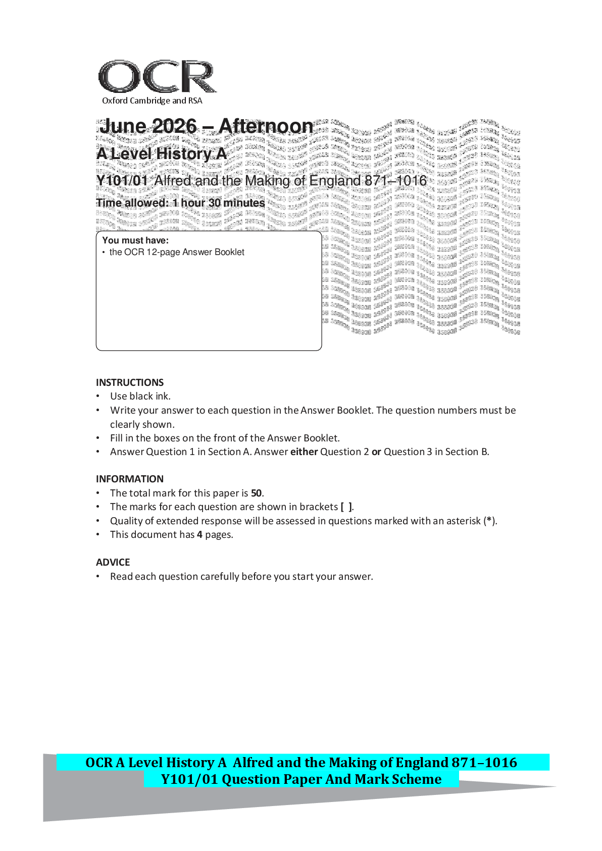 Recommended document preview for OCR A Level History A Alfred and the Making of England 871–1016 Y101/01 Question Paper And Mark Scheme