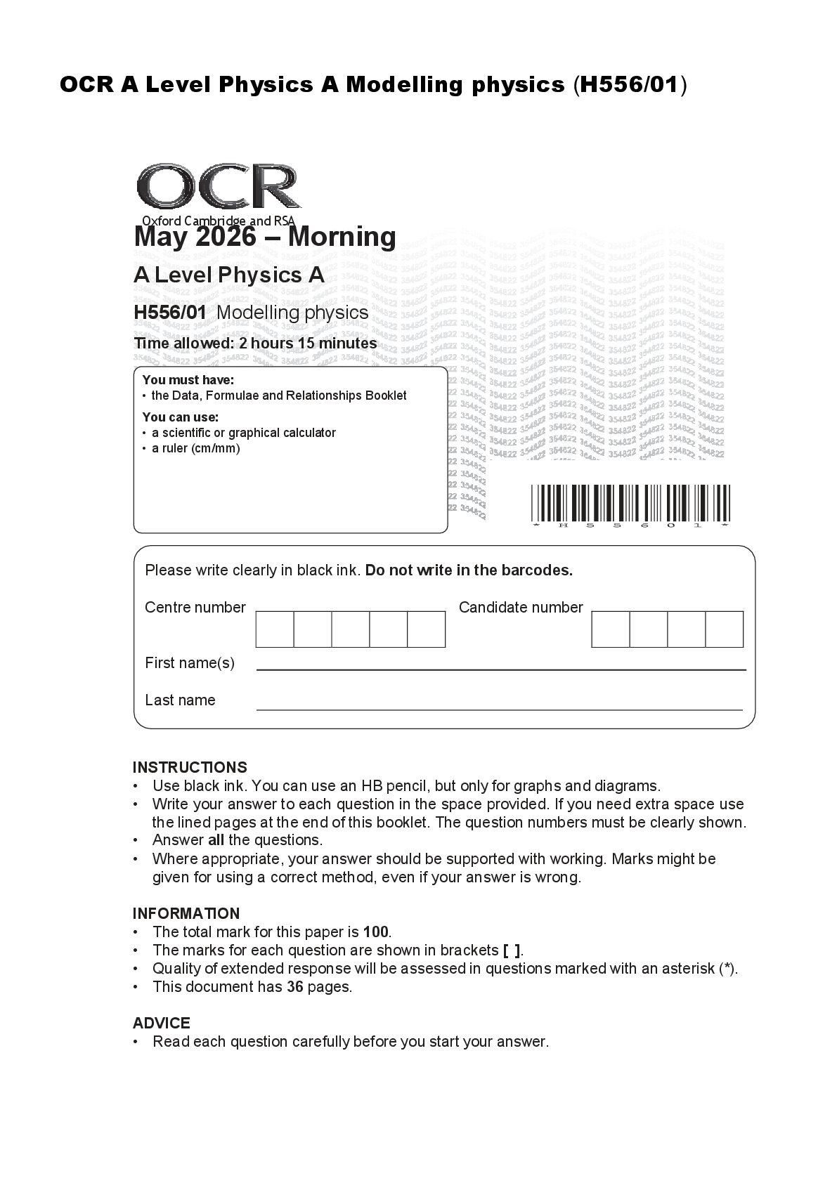 Recommended document preview for OCR A Level Physics A Modelling physics (H556/01)