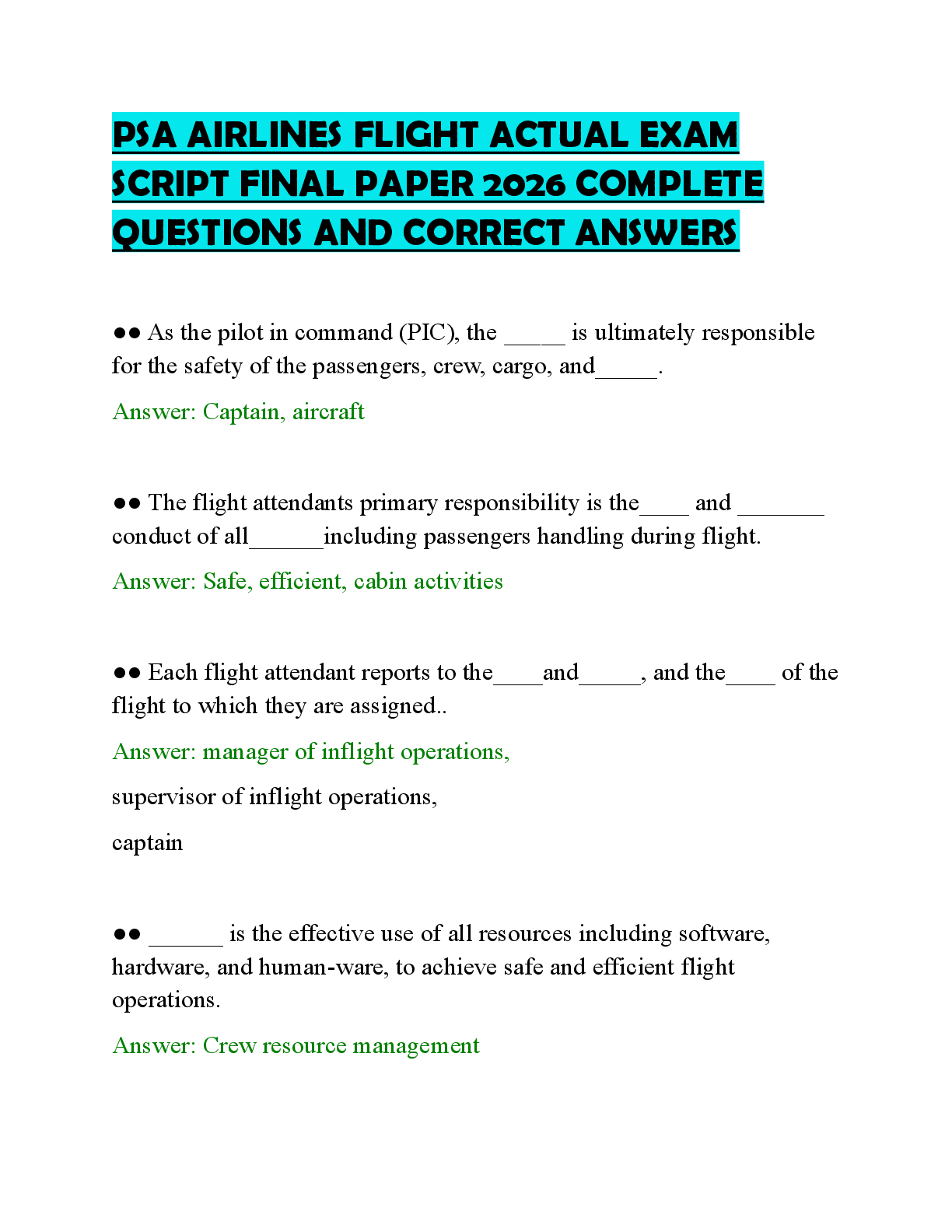 Preview image for PSA AIRLINES FLIGHT ACTUAL EXAM SCRIPT FINAL PAPER 2026 COMPLETE QUESTIONS AND CORRECT ANSWER