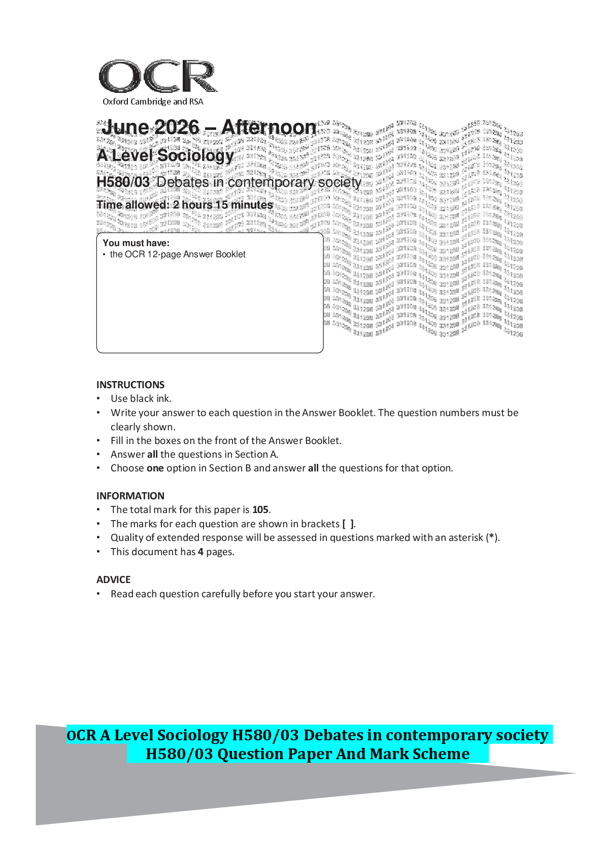 Recommended document preview for OCR A Level Sociology H580/03 Debates in contemporary society H580/03 Question Paper And Mark Scheme