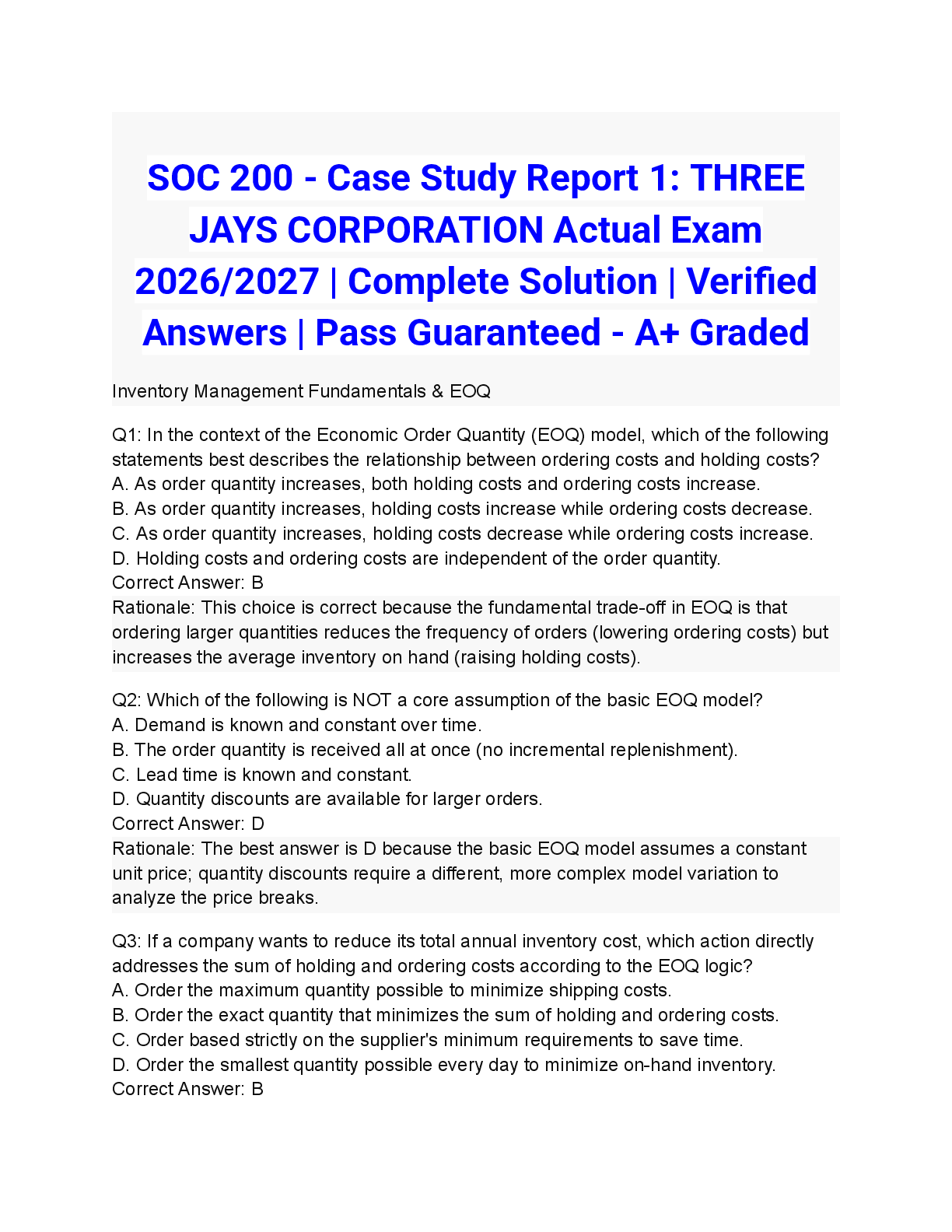 Preview of SOC 200 - Case Study Report 1: THREE JAYS CORPORATION Actual Exam 2026/2027 | Complete Solution | Verified Answers | Pass Guaranteed - A+ Graded