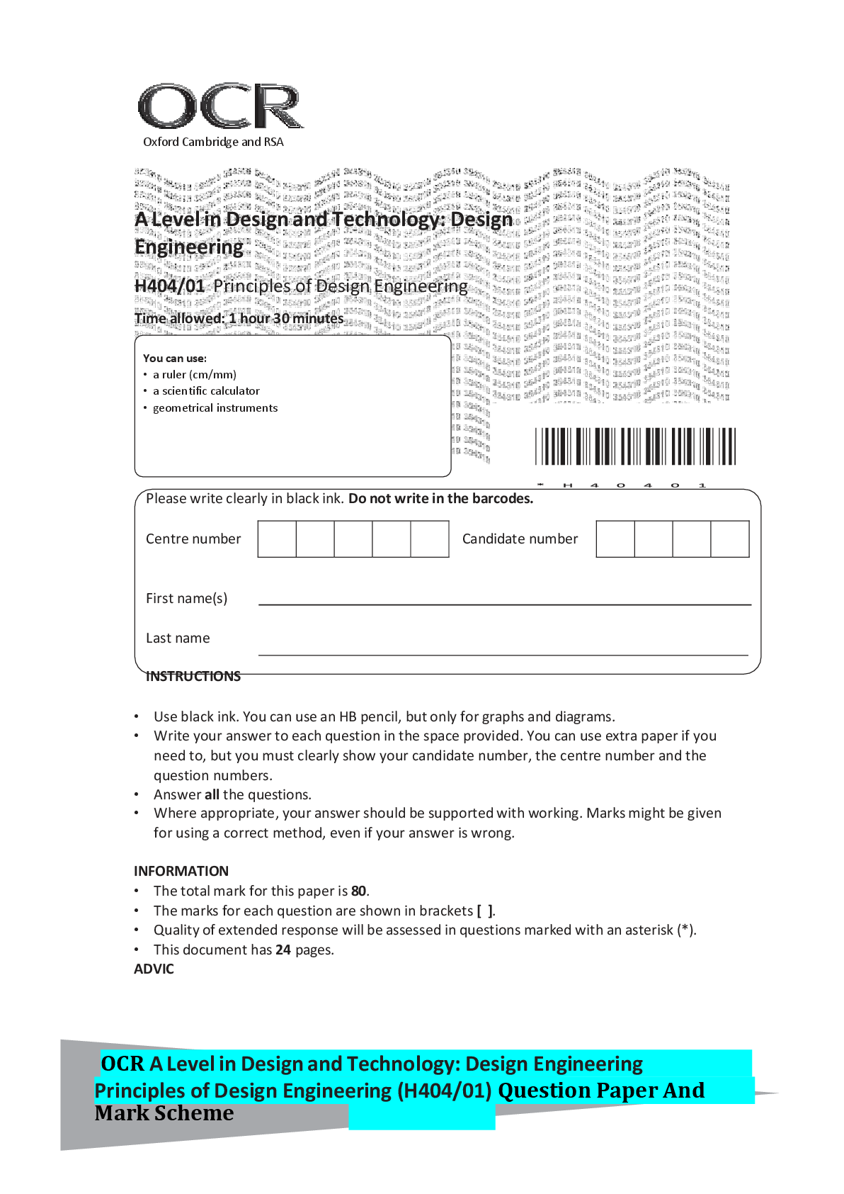 Recommended document preview for OCR A Level in Design and Technology: Design Engineering Principles of Design Engineering (H404/01) Question Paper And Mark Scheme