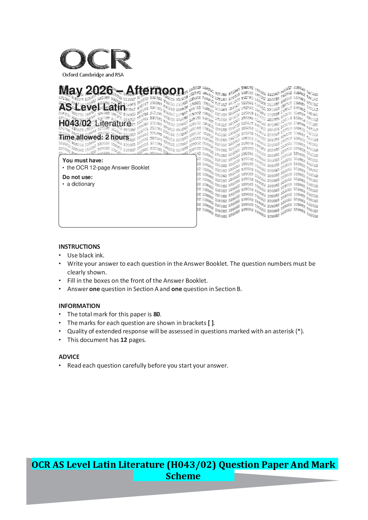 Preview of OCR AS Level Latin Literature (H043/02) Question Paper And Mark Scheme