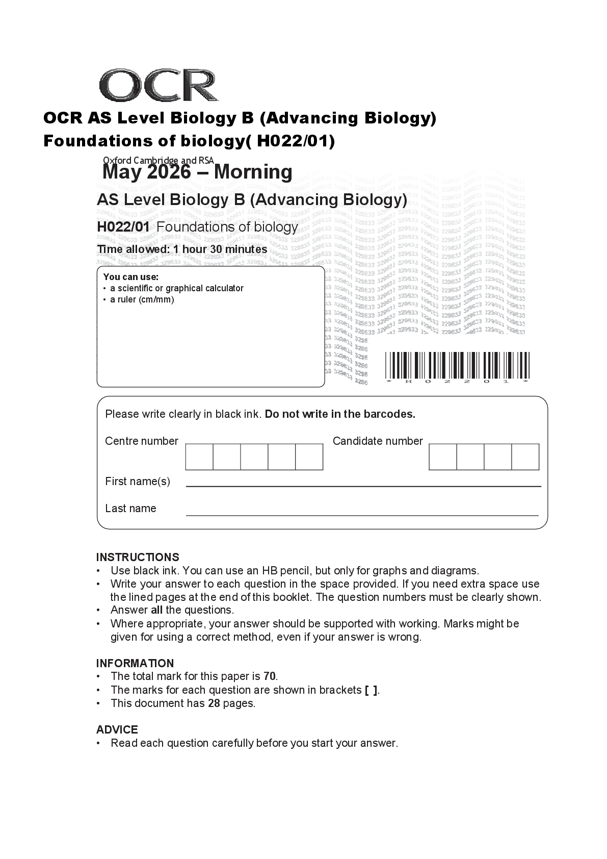Preview of OCR AS Level Biology B (Advancing Biology) Foundations of biology( H022/01)