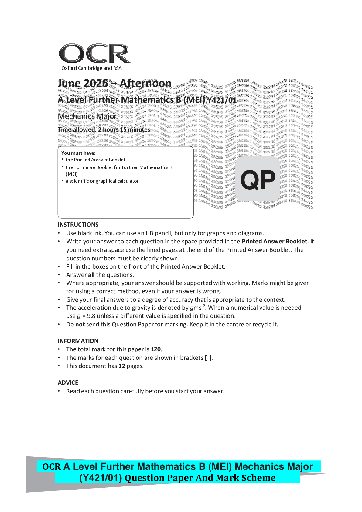 Preview of OCR A Level Further Mathematics B (MEI) Mechanics Minor (Y431/01) Question Paper And Mark