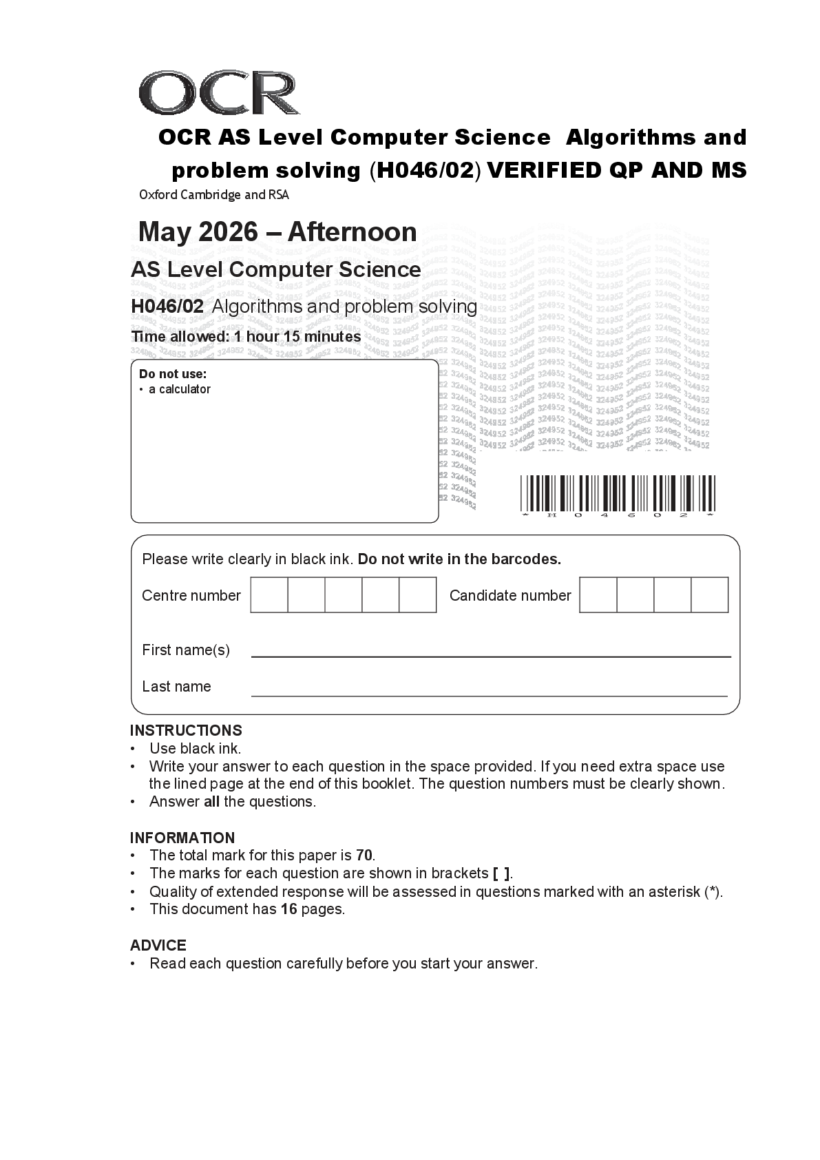 Recommended document preview for OCR AS Level Computer Science Algorithms and problem solving (H046/02) VERIFIED QP AND MS